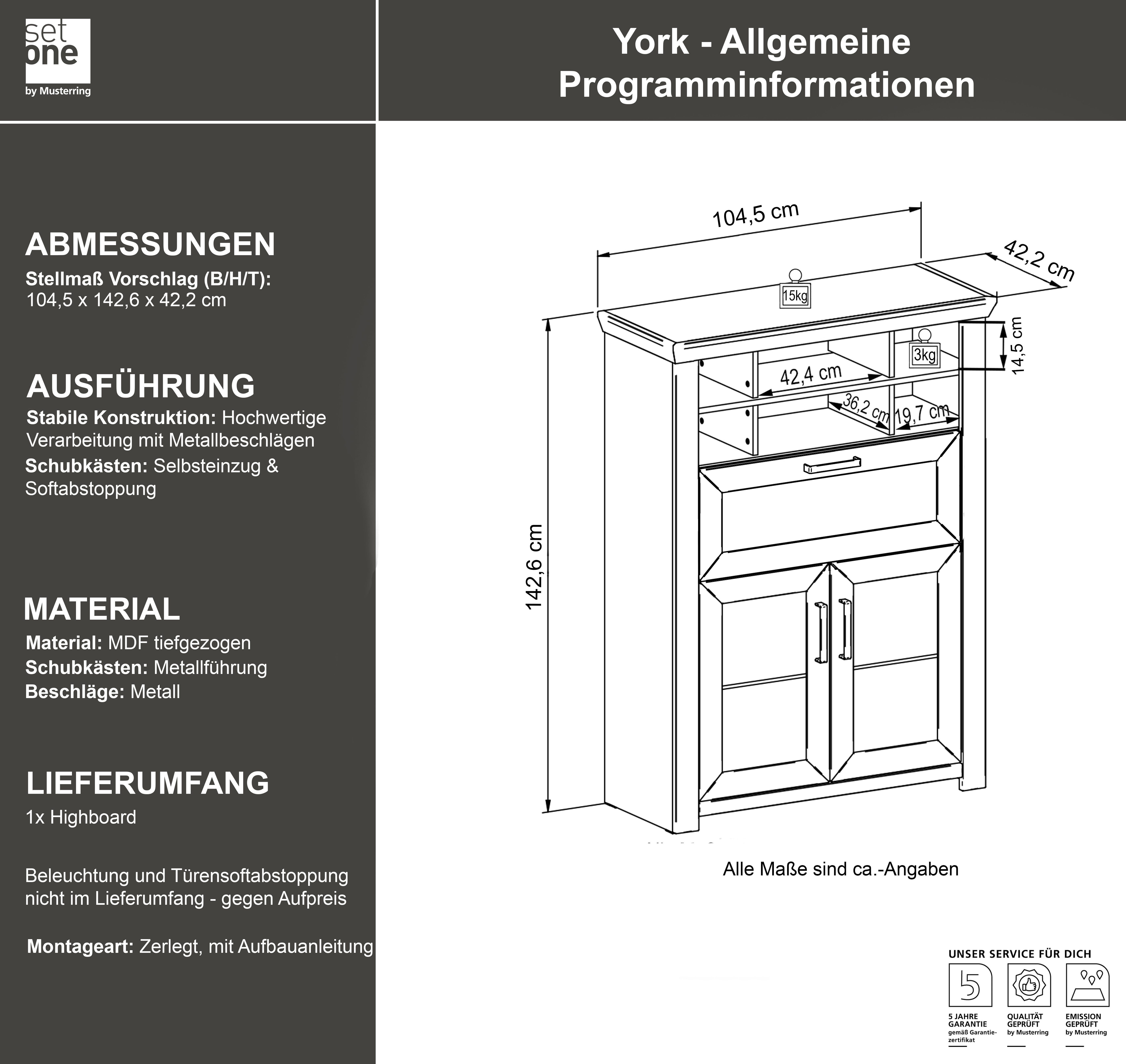 set one by Musterring Highboard York Type 15, met houten deuren en klep, verlichting optioneel, breedte 105 cm