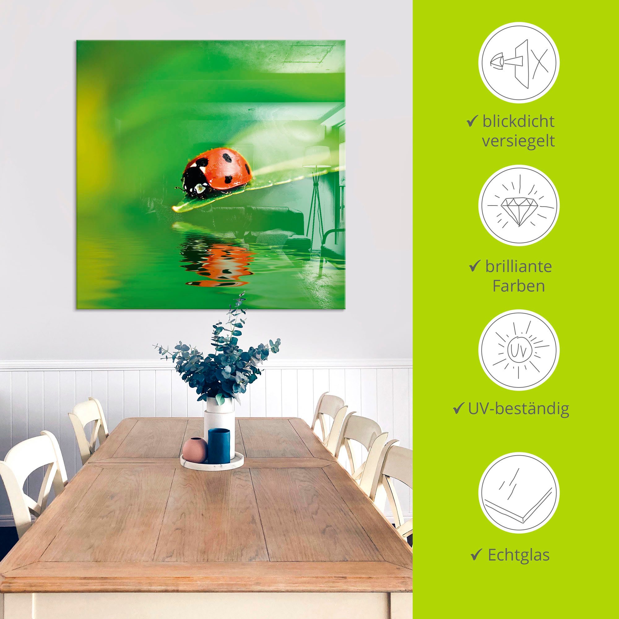 Artland Print op glas Lieveheersbeestje op een blad