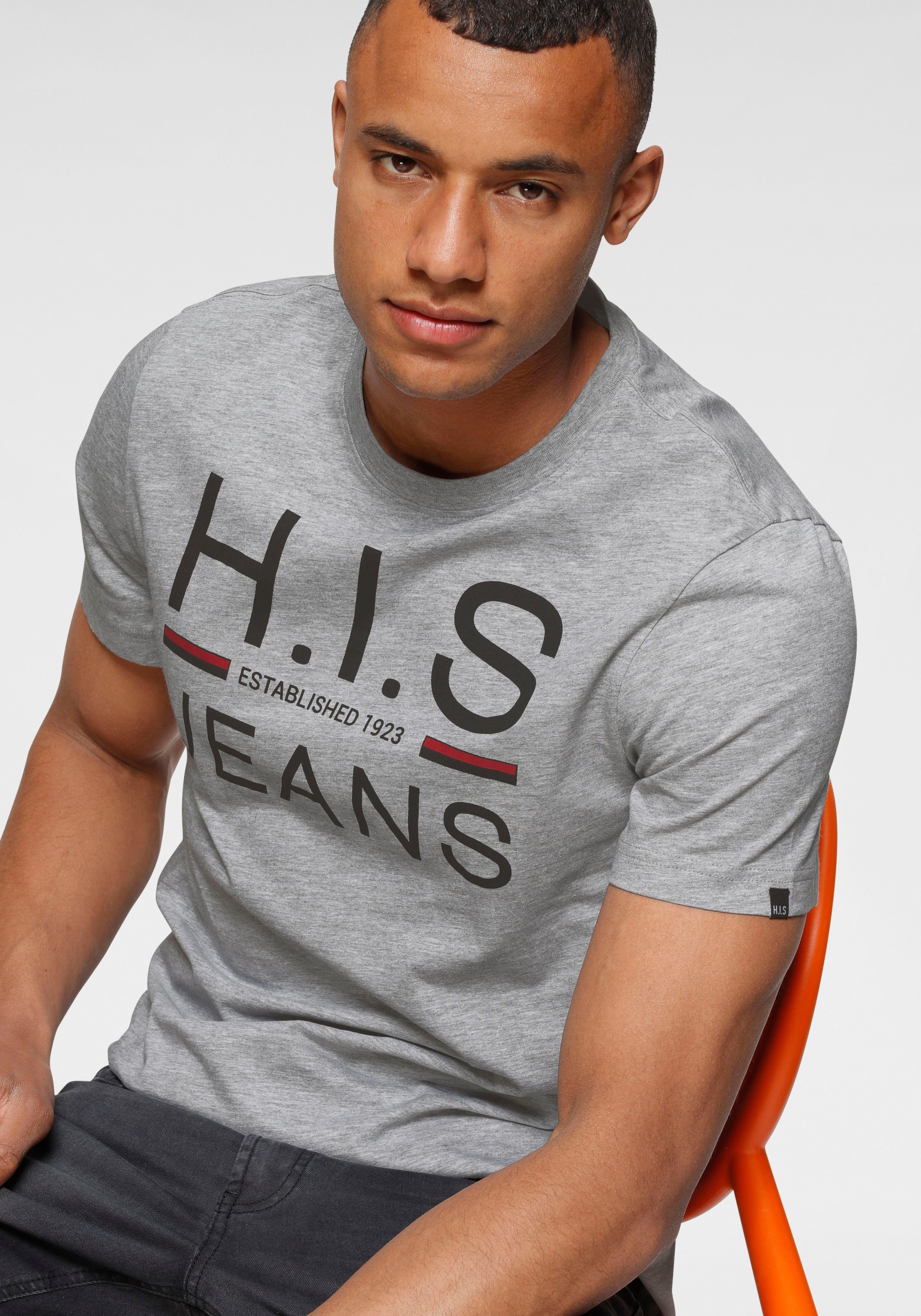 H.I.S Shirt met ronde hals slank gesneden, bedrukt ontwerp, ronde hals, van katoen (Set van 2)