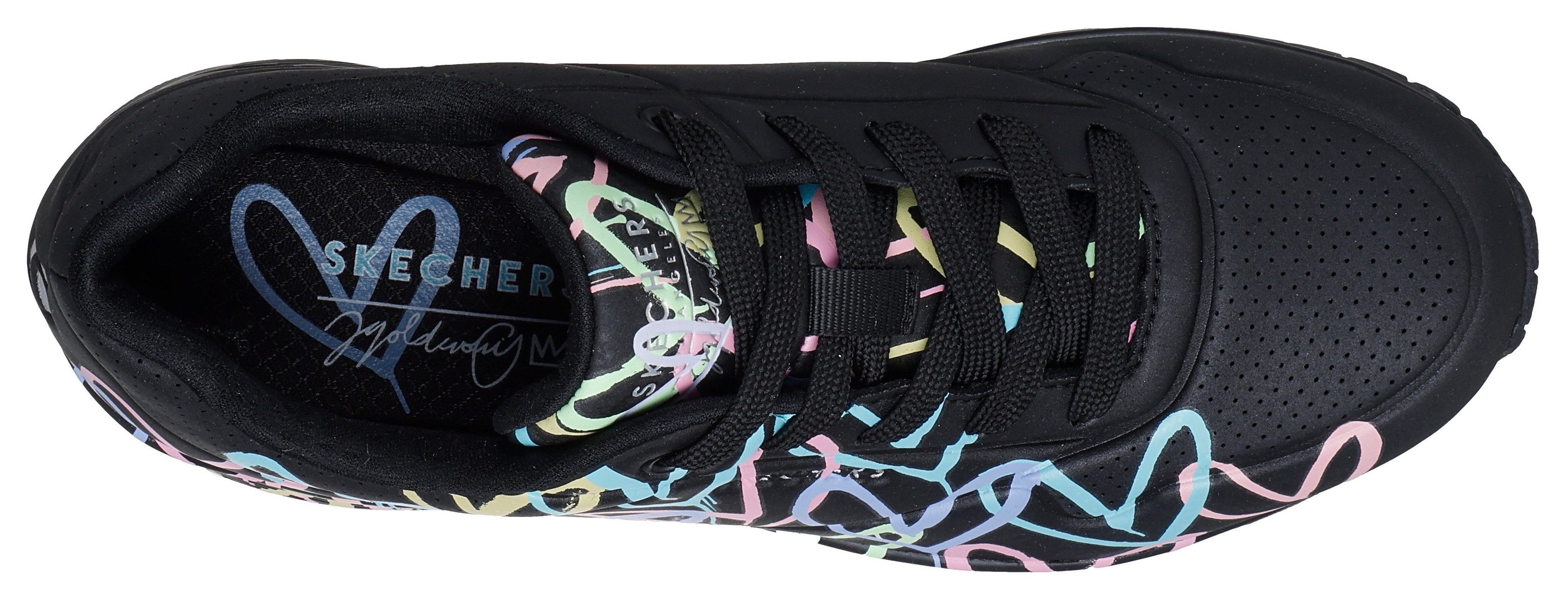 Skechers Sneakers met sleehak UNO-SPREAD THE LOVE Vrijetijdsschoen, lage schoen, veterschoen met coole graffiti-print
