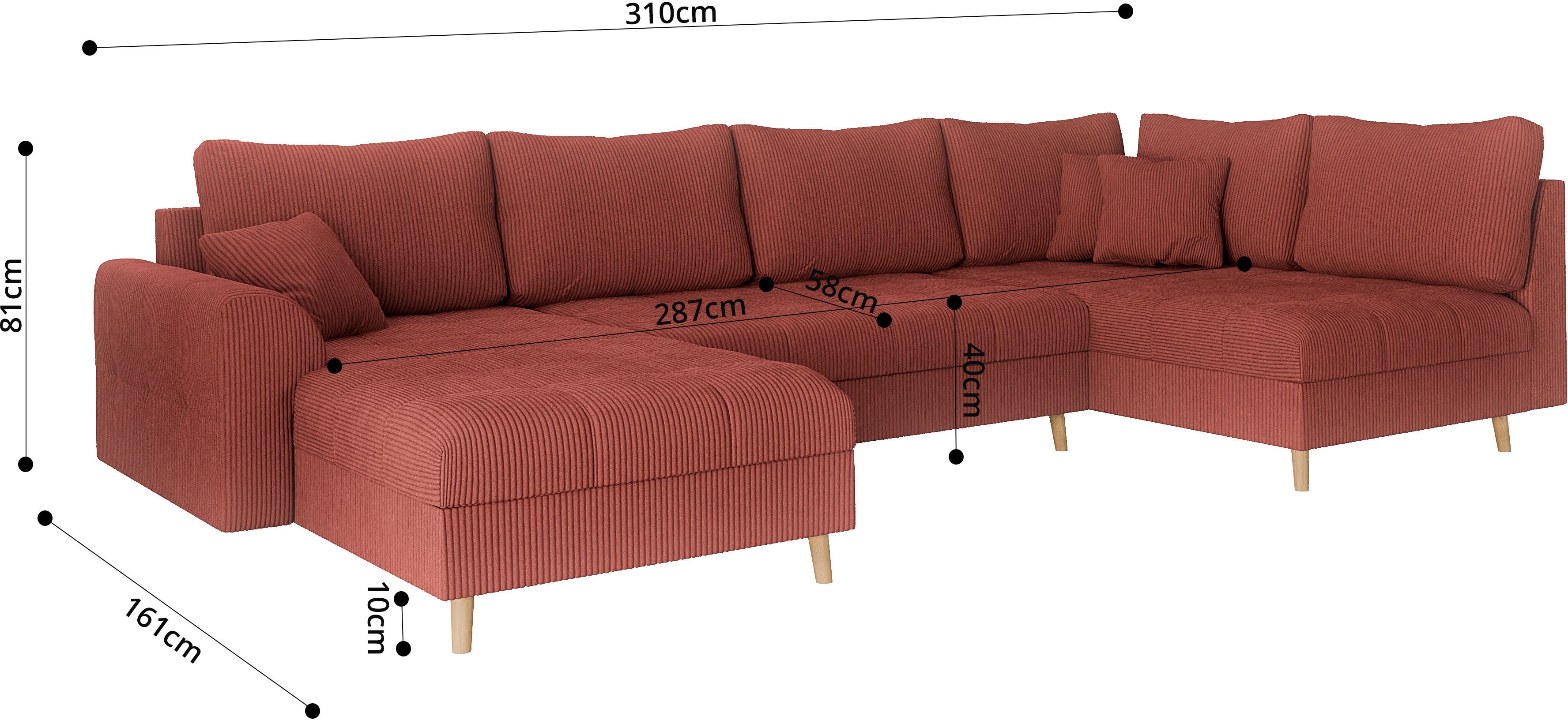 Home affaire Zithoek CHARRE U-vorm met ottomane, afmetingen B/D/H: 310/161/81 cm fijne stiksels, losse rug- en sierkussens, ook in cord en bouclé