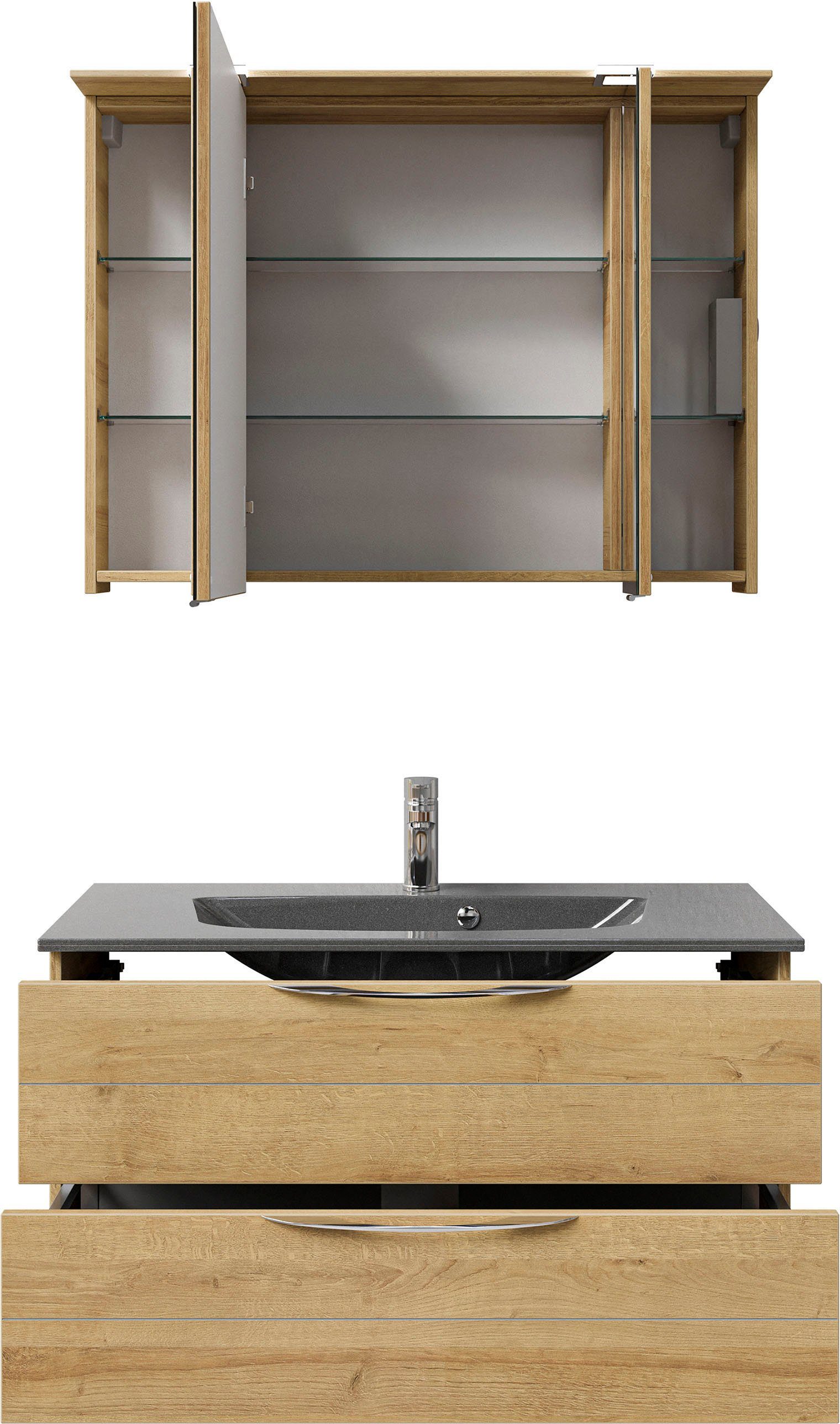 Saphir Badkamerserie Serie 6025 2-delig, mineraalmarmeren wastafel met led-spiegelkast Wastafelmeubel 97 cm breed, 2 laden, 3 spiegeldeuren, incl. deurdemper (2-delig)