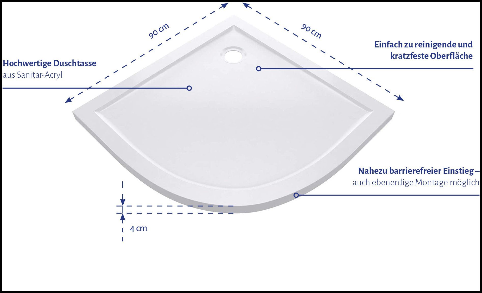 Marwell Ronde douchebak Kwartcirkel 90x 90 cm, hoogte 4 cm, 90 cm x 90 cm