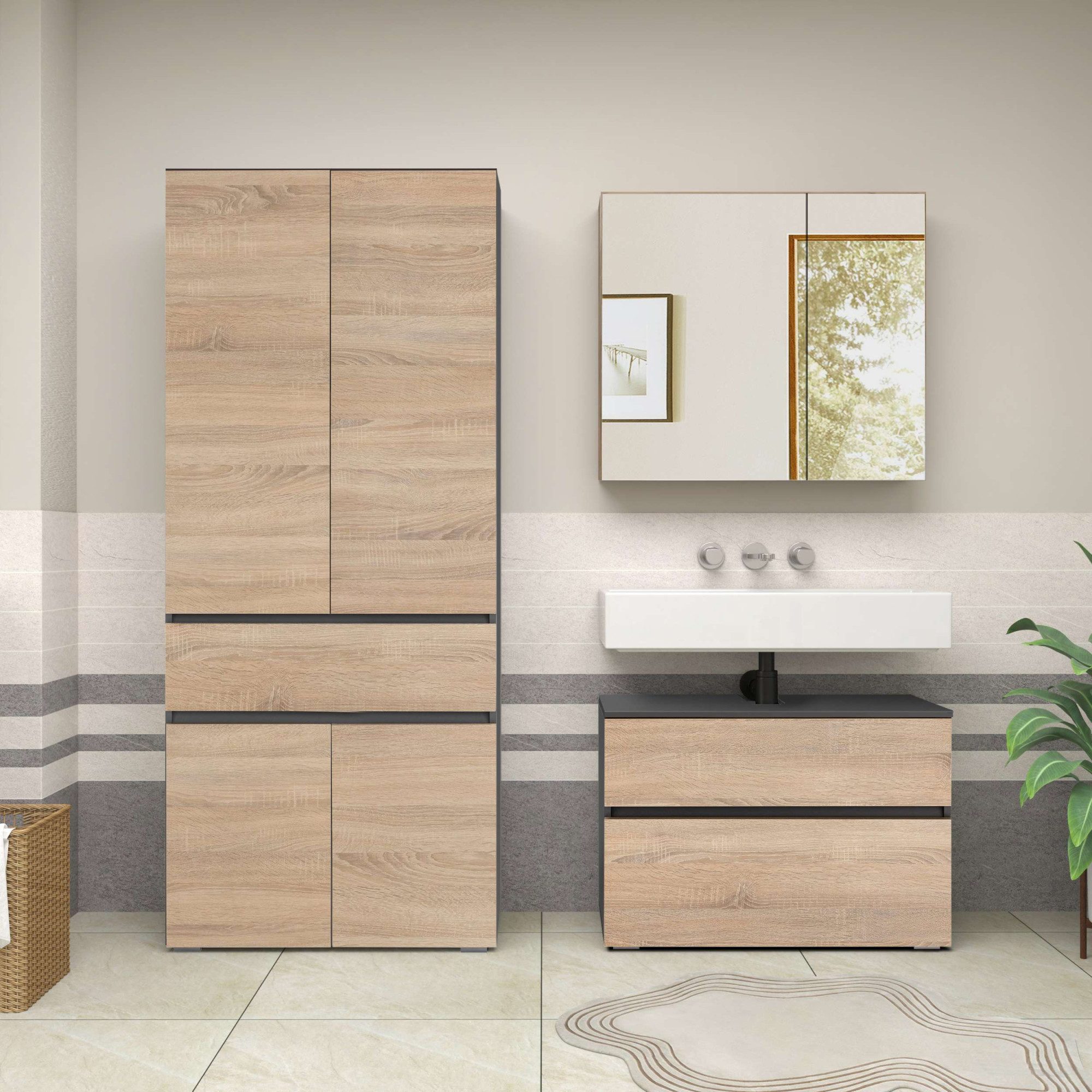 Home affaire Badmeubelset Wisla Spiegelschrank, WBU met sifonaansluiting en push-to-open, breedte 80 cm (set, 2 stuks)