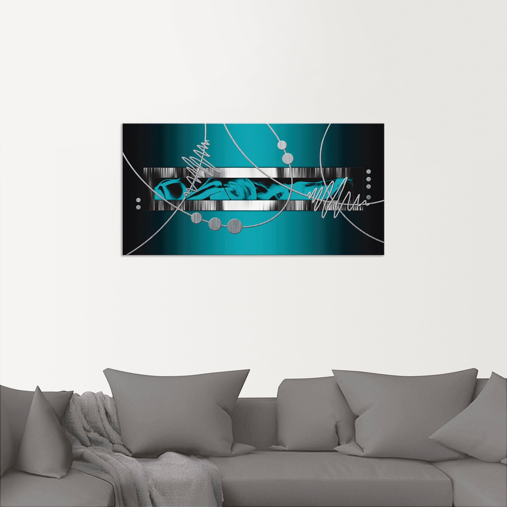 Artland Artprint Zilverkleur abstract op petrol als artprint van aluminium, artprint voor buiten, artprint op linnen, poster, muursticker