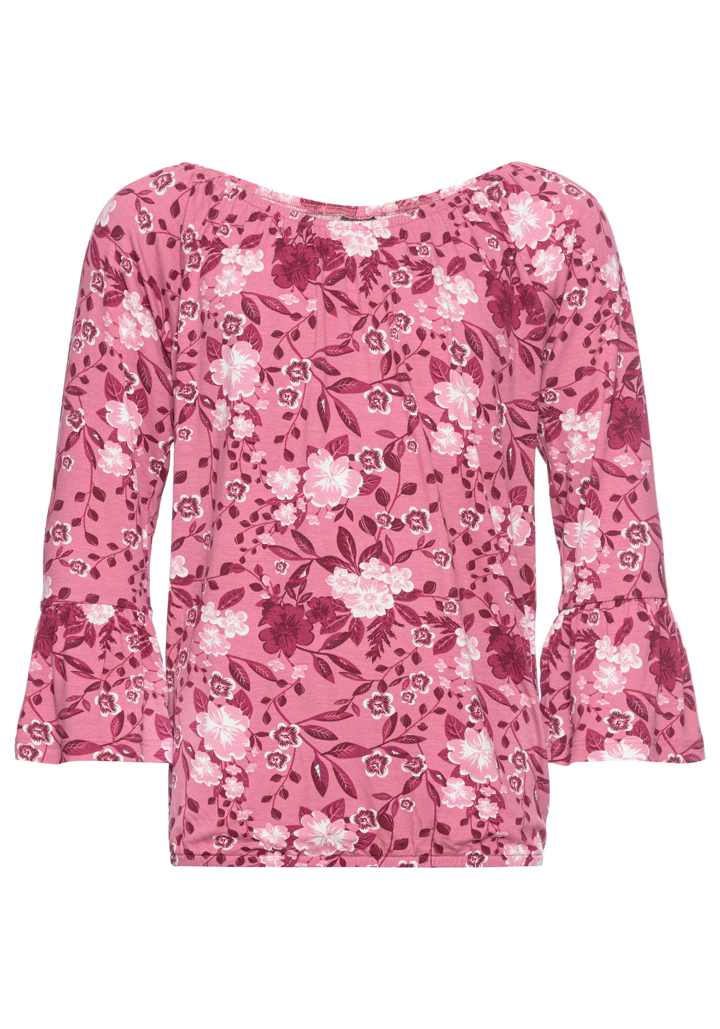 KIDSWORLD Shirt met carmenhals Shirt van viscose wijde pasvorm, met bloemenpatroon en print, carmenhals