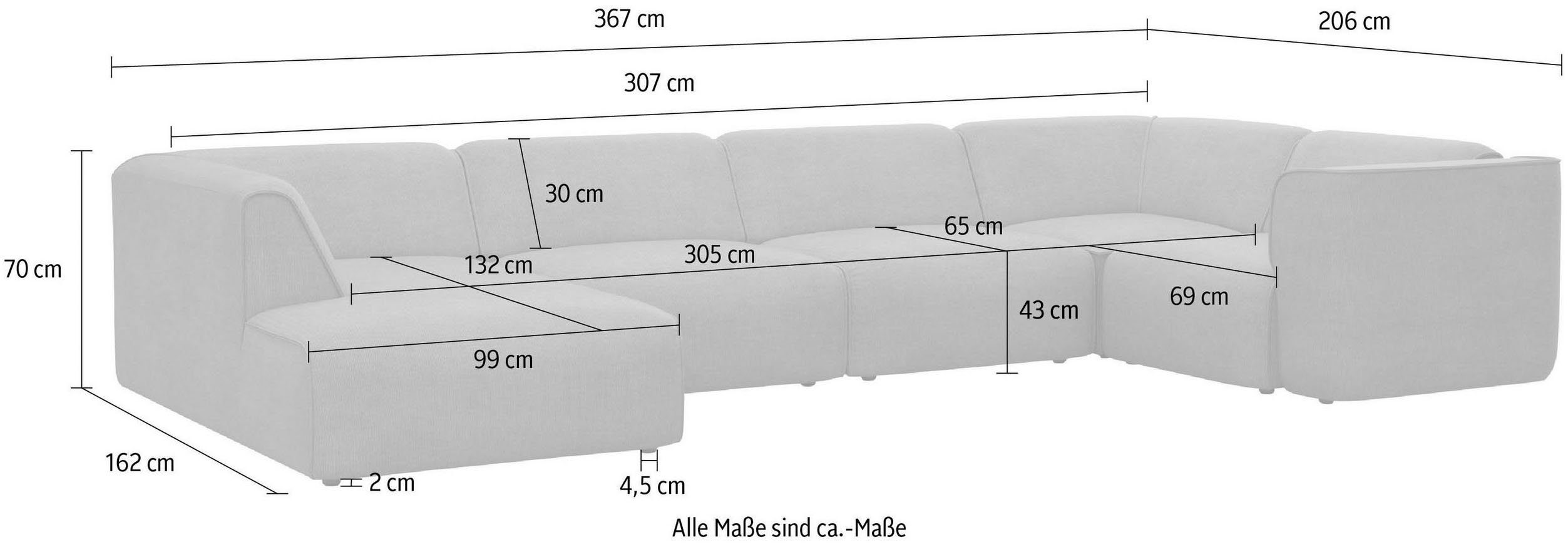 RAUM.ID Zithoek Merid U-vorm, altijd uitbreidbaar met modules, B/D/H: 367/206/70 cm