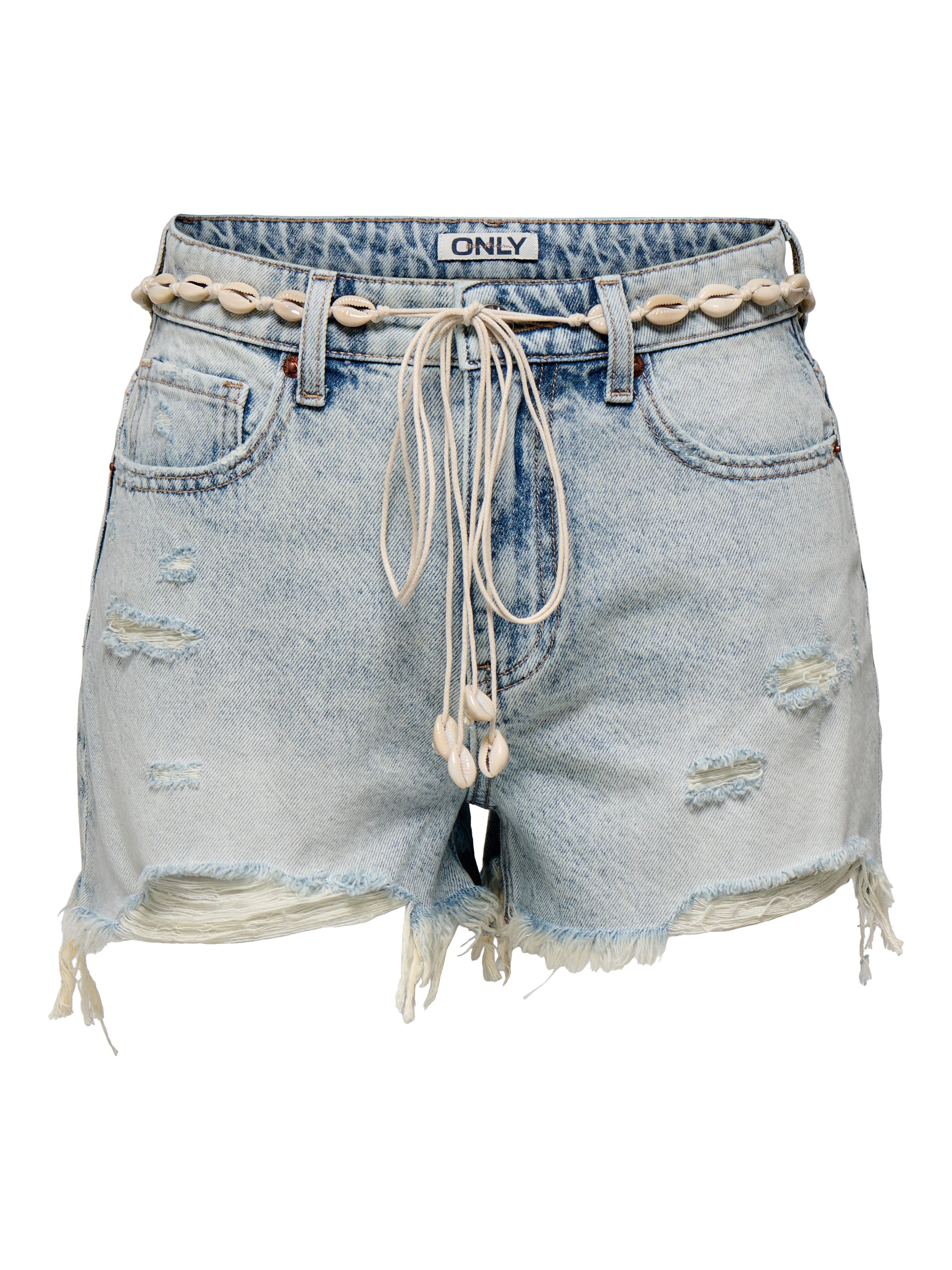 Only Jeansshort ONLZUMA HW SHELL BELT DNM SHORTS BJ met destroyed effect en rafelige zoom
