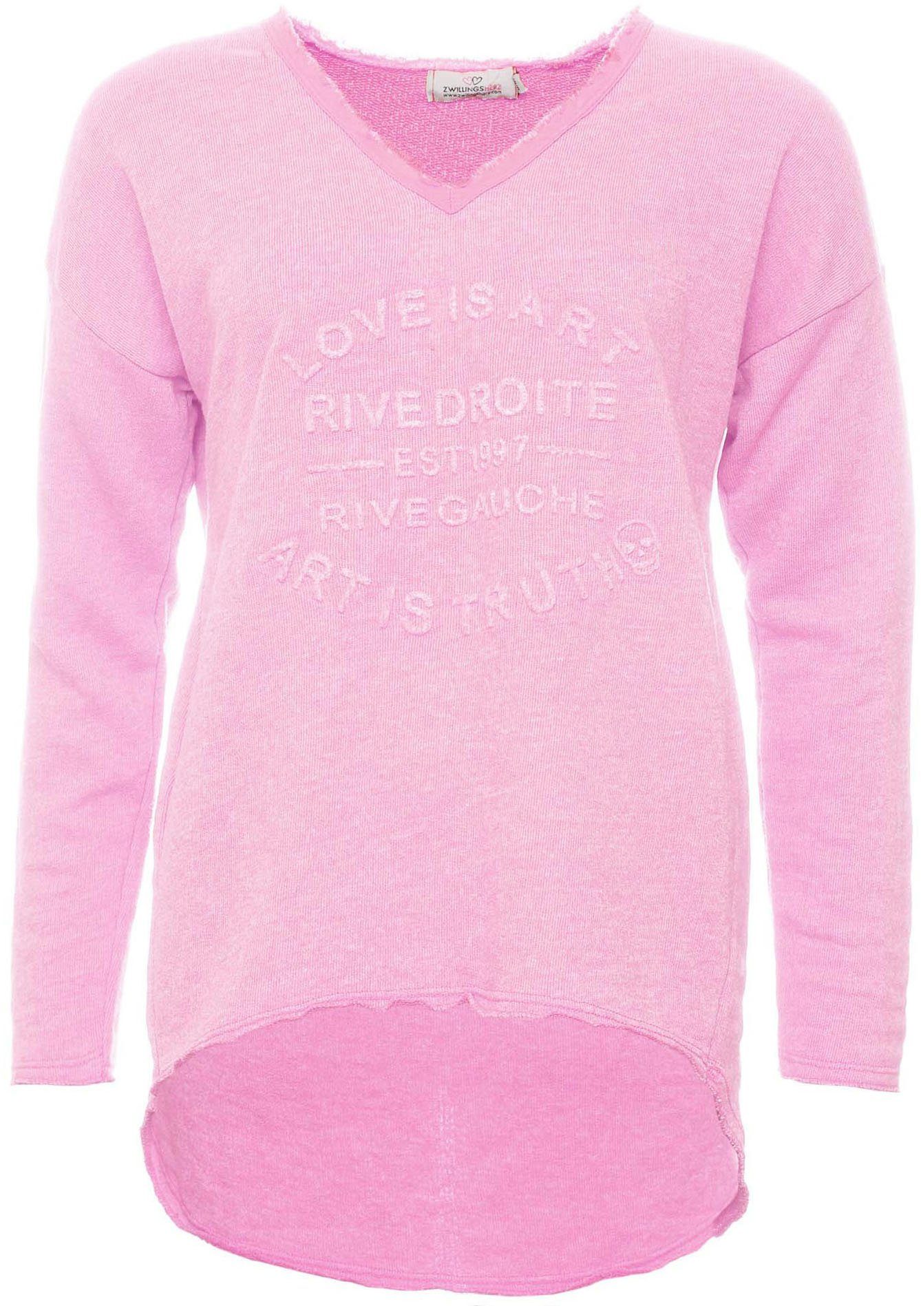 Zwillingsherz Sweatshirt met rafelige v-halslijn in vintage-look dames truien & sweaters maat L/XL roze