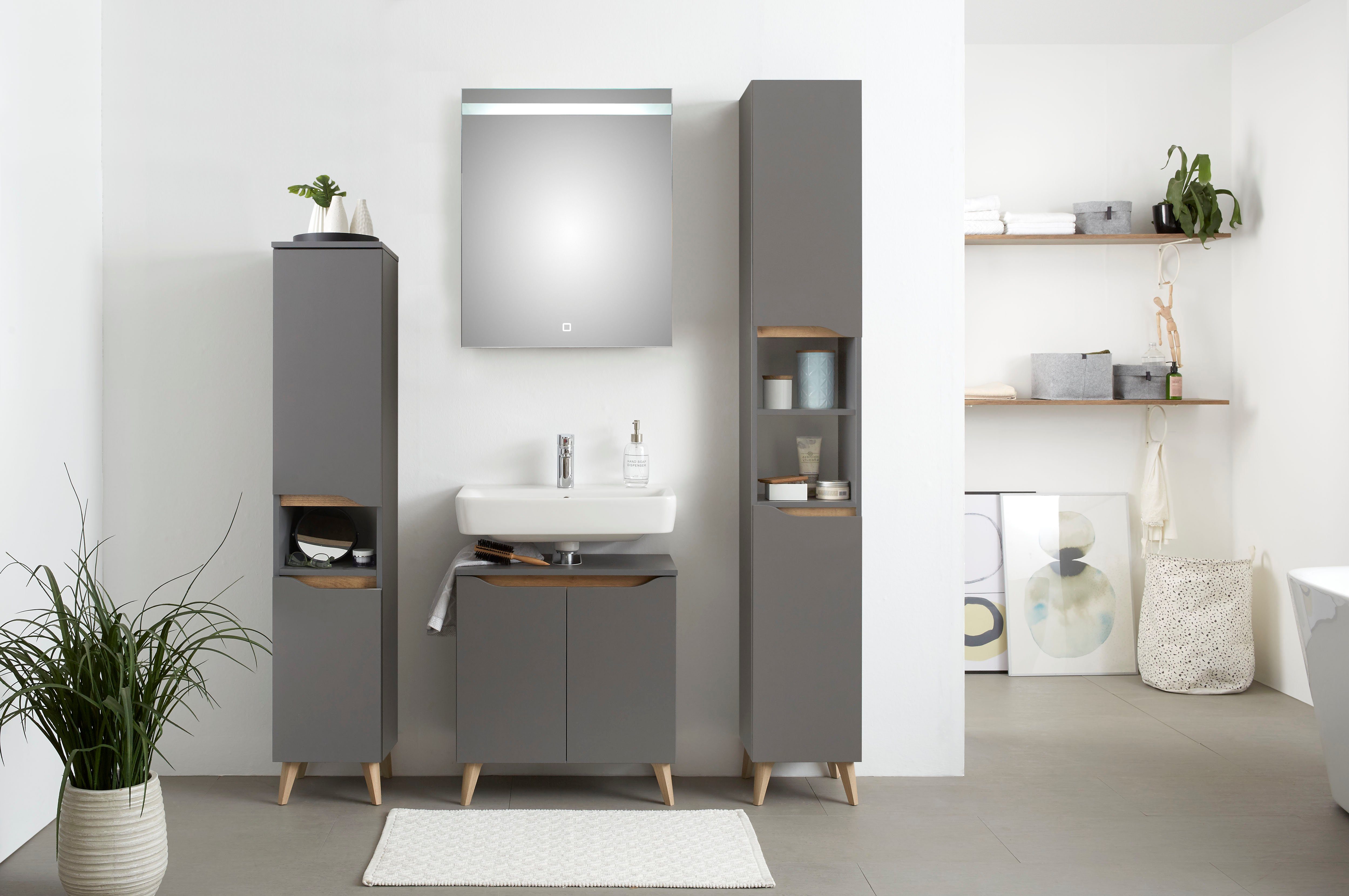 Saphir Badkamerserie Quickset 5-delig, wastafelonderkast met led-spiegel Hoge kast, onderkast, hangend kastje, inclusief deurdemper, 6 deuren