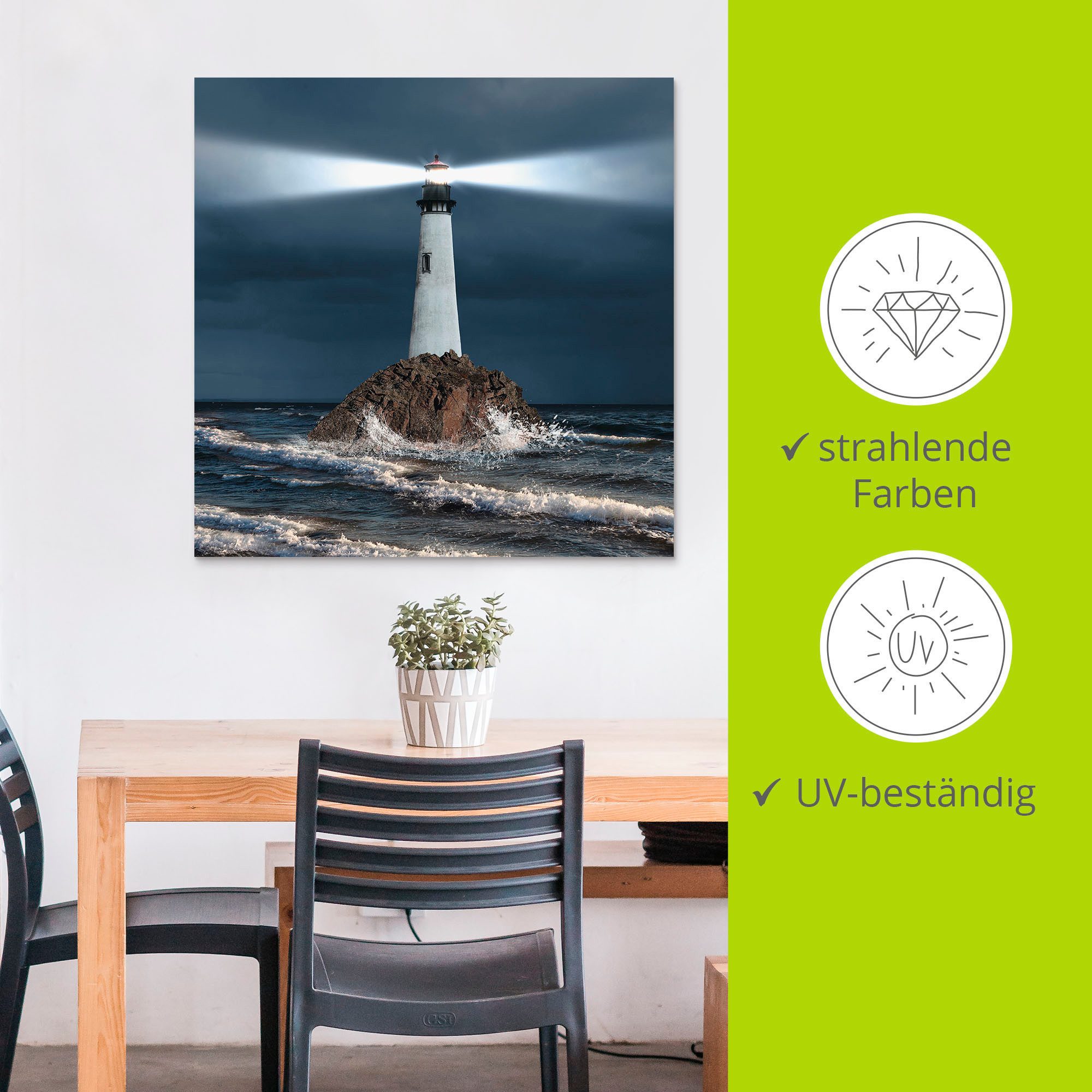 Artland Artprint van vuurtoren met lichtbundel als artprint van aluminium, artprint voor buiten, artprint op linnen, poster, muursticker