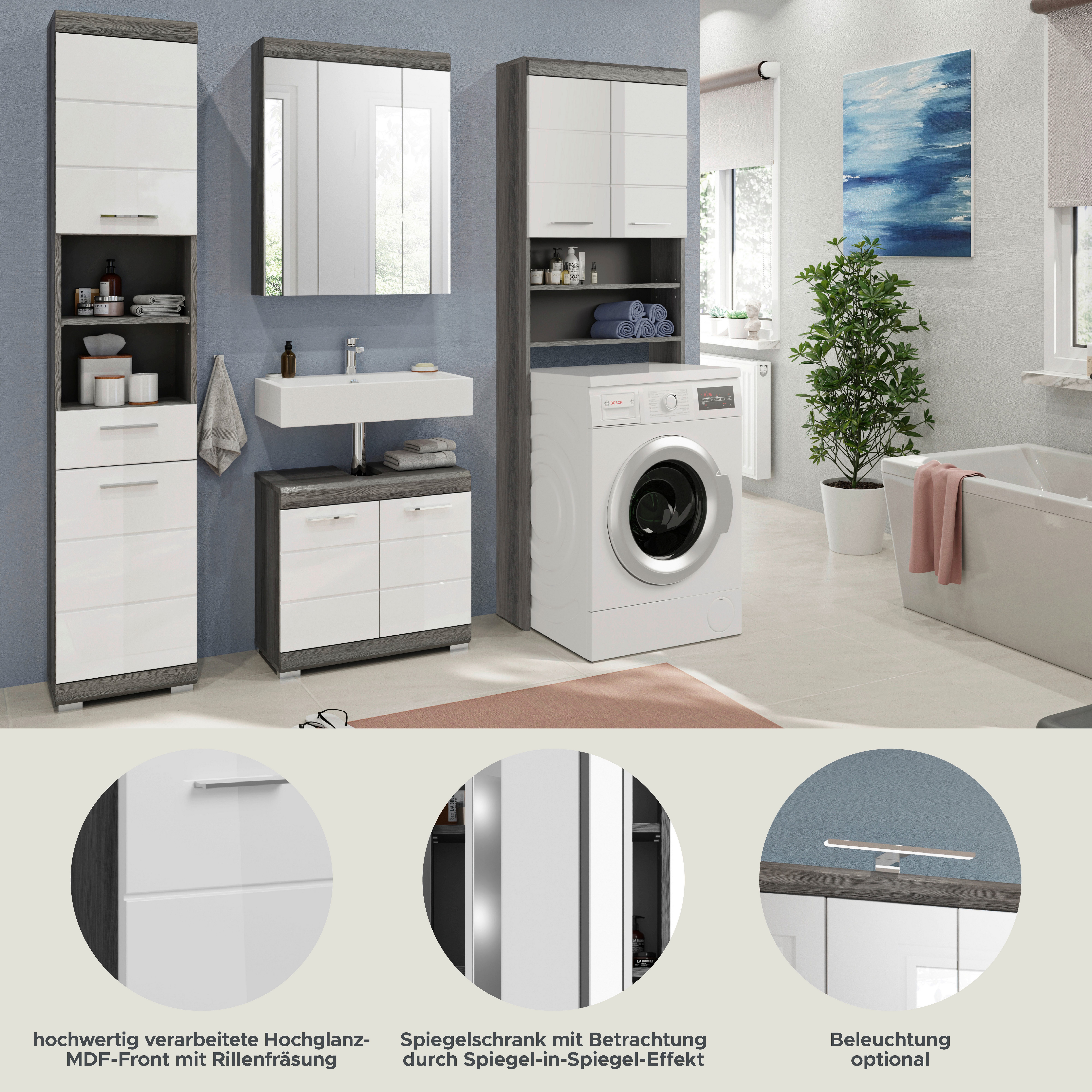 INOSIGN Badkamerserie Siena, 4-delig, bestaande uit: Hoge kast, WBU, spiegelkast, wasmachine ombouwkast (set, 4-delig)