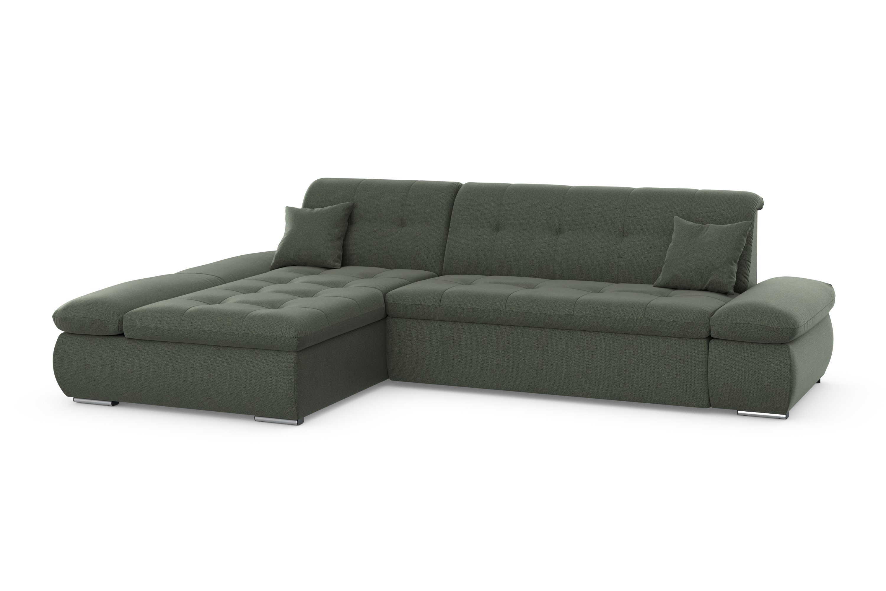 DOMO collection Hoekbank Moric, L-vorm, XXL-bank - Breedte 300cm keuze met bedfunctie en armleuningverstelling, donkergroen
