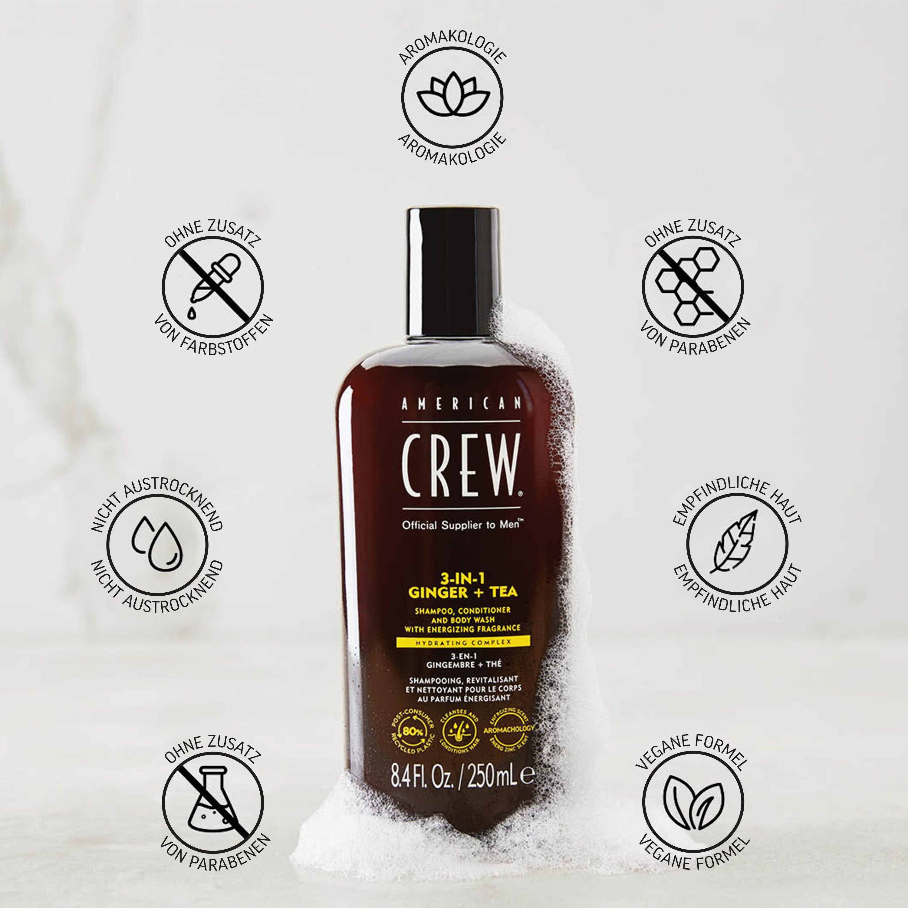 American Crew Haarshampoo 3-in-1 Ginger & Tea shampoo, conditioner & body wash 450 ml (1-delig)
