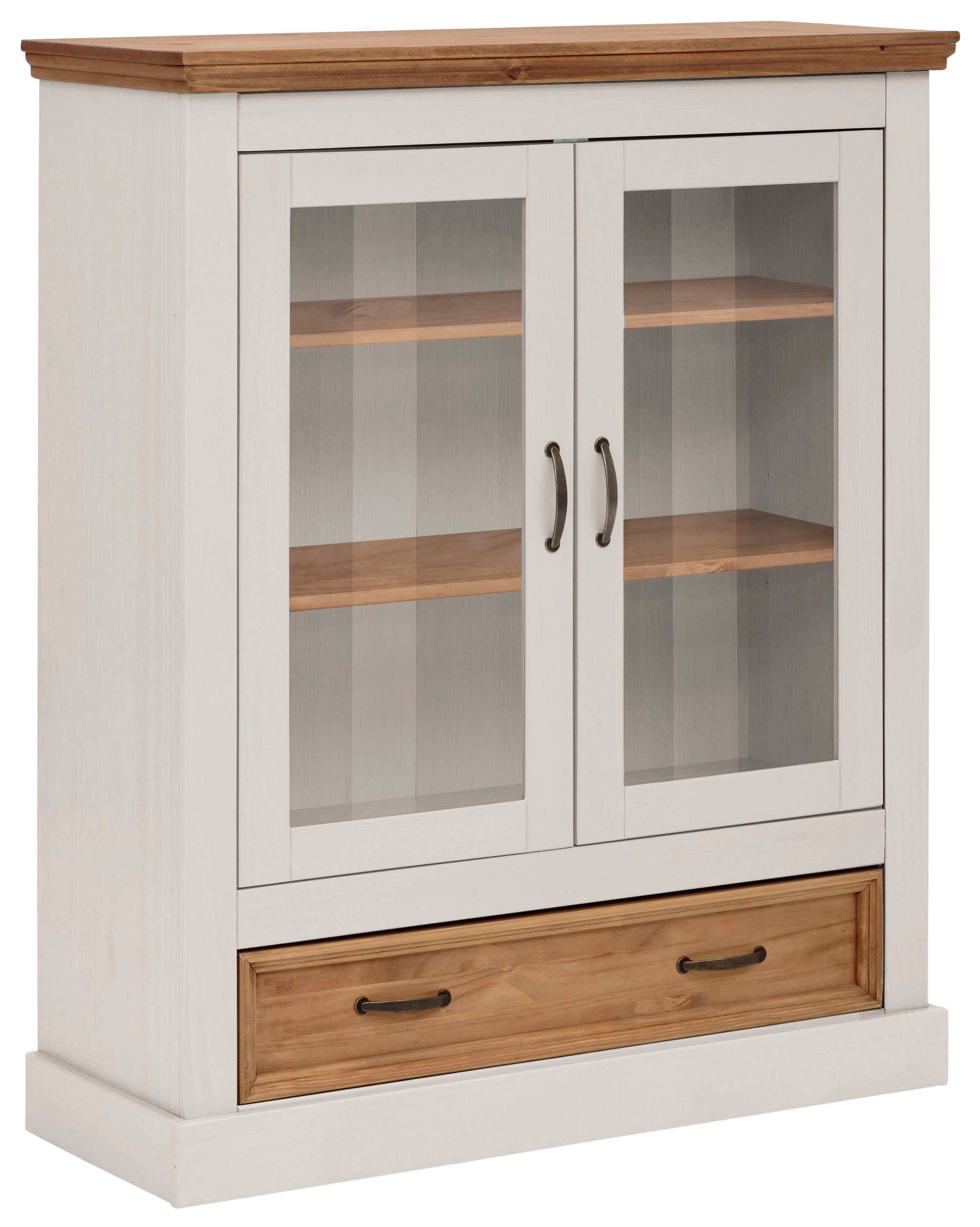 Home affaire Vitrinekast Selma Highboard gemaakt van massief grenen, met metalen handgrepen in een antieke look