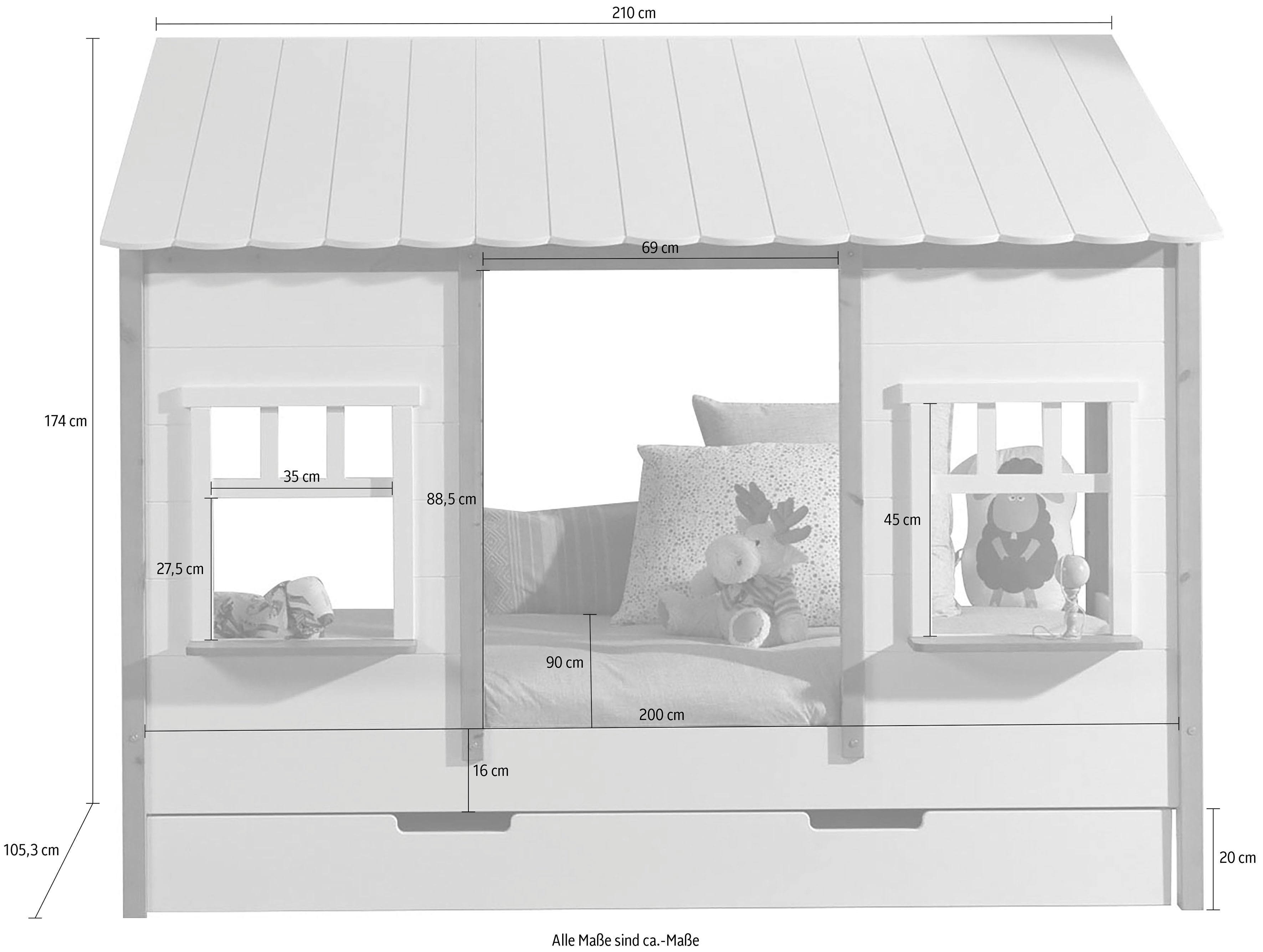 Vipack Kinderledikant Huisbed, van MDF en massief hout, wit gelakt met kleuraccent
