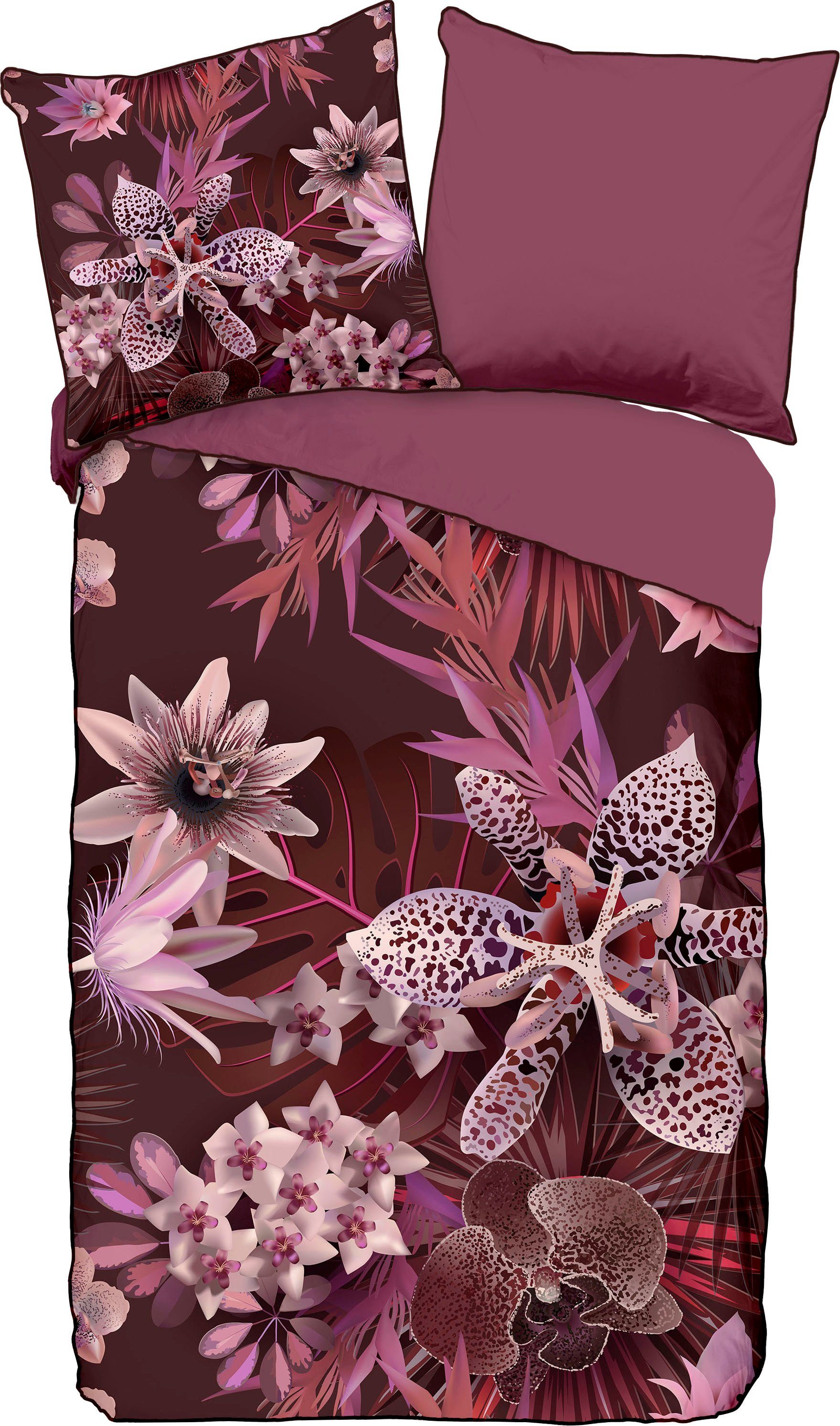 Descanso Tweezijdig te gebruiken overtrekset Farze Katoen, Mako-satijn, 135x200, Bies, Rits, Omkeerbaar, Bloemen
