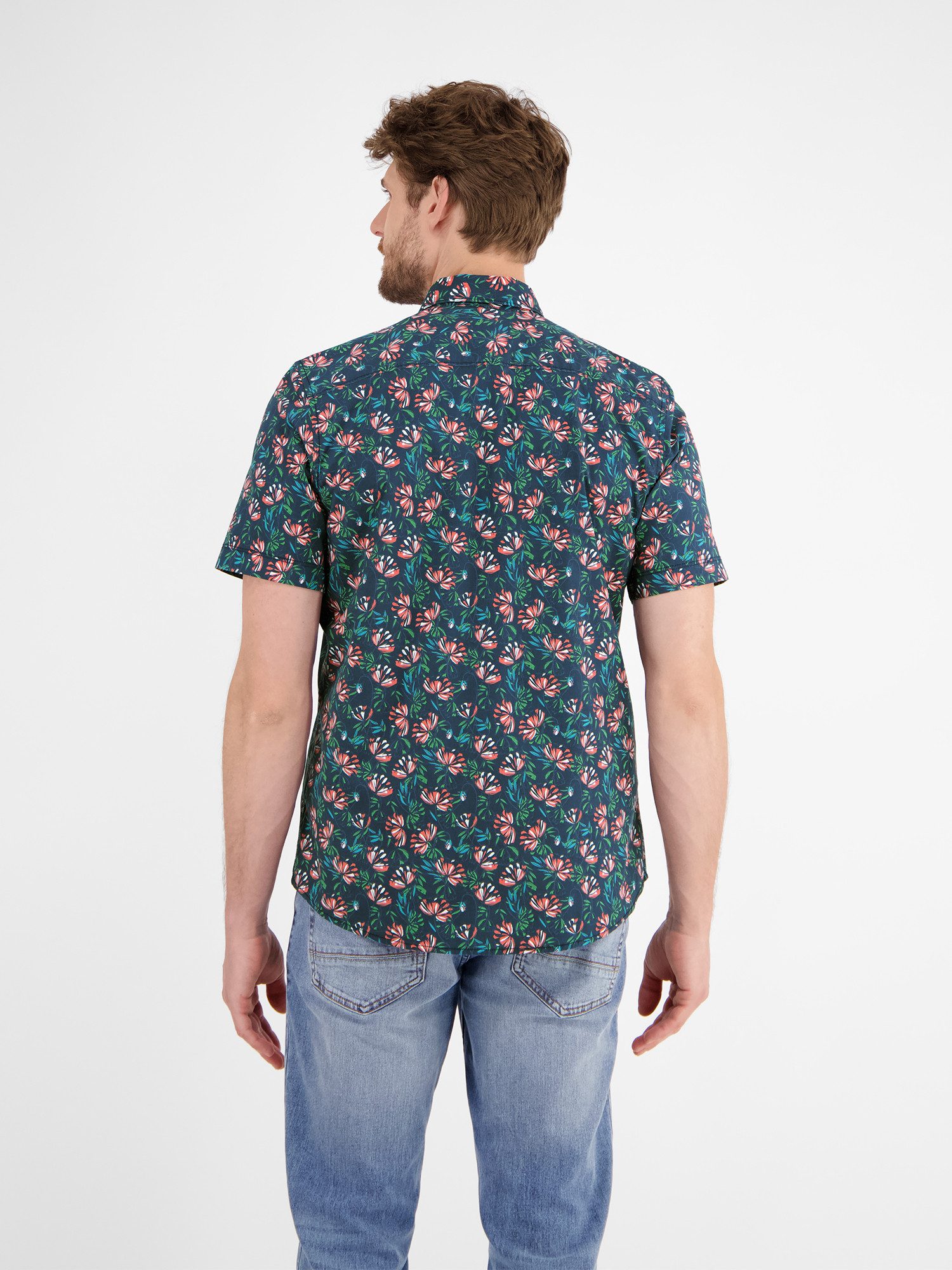 Lerros Overhemd met korte mouwen LERROS Heren poplin-stretch overhemd, bloemig gemusterd
