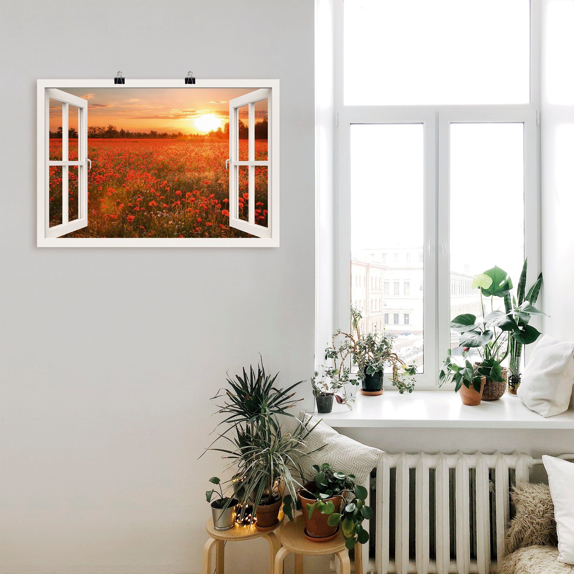 Artland Artprint Blik uit het venster klaprozenveld als artprint op linnen, poster, muursticker in verschillende maten