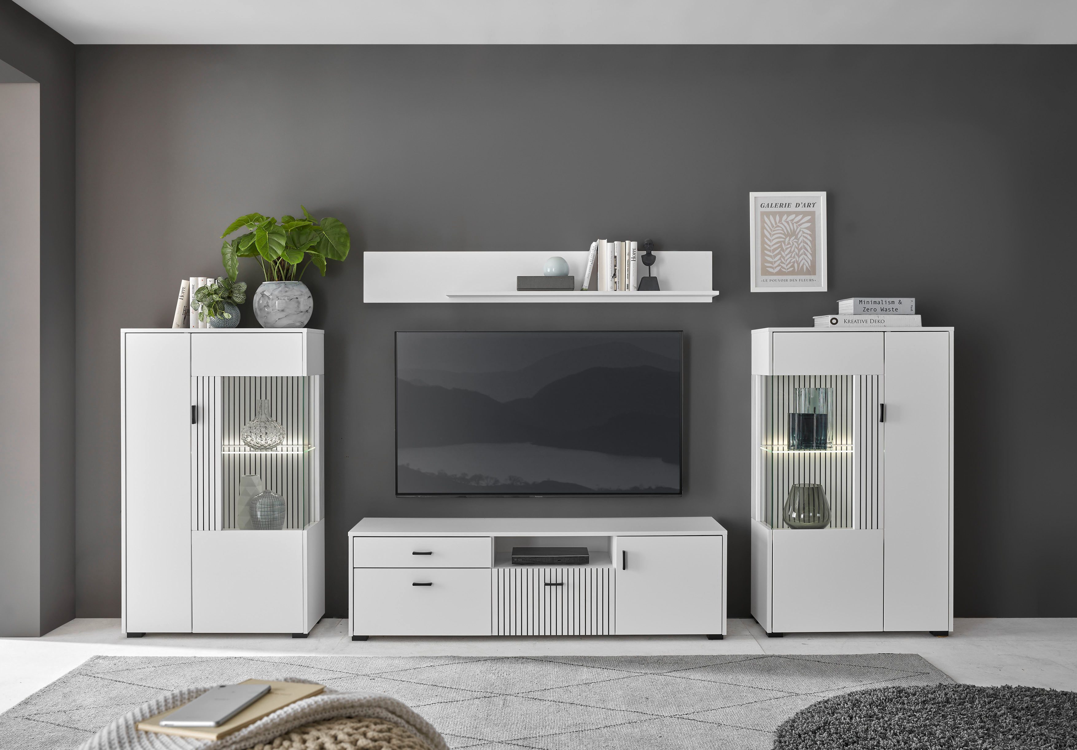 INOSIGN Wandmeubel Hudson met moderne groevenlook, handgrepen van metaal (zwart), breedte 320 cm (set, 4-delig) tv-wandmeubels wit