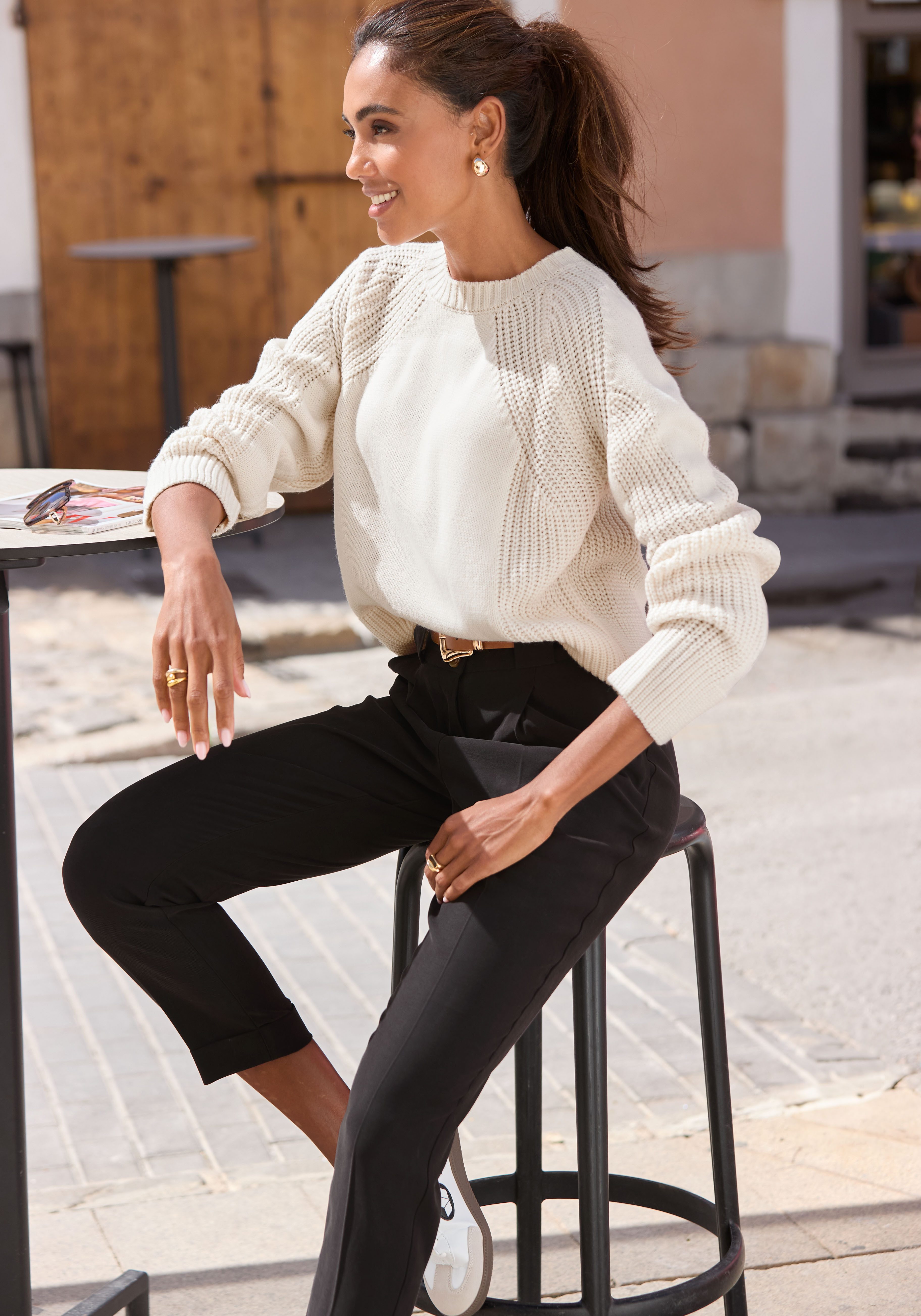 Lascana Gebreide trui met grof brei-details, dames trui met ronde hals