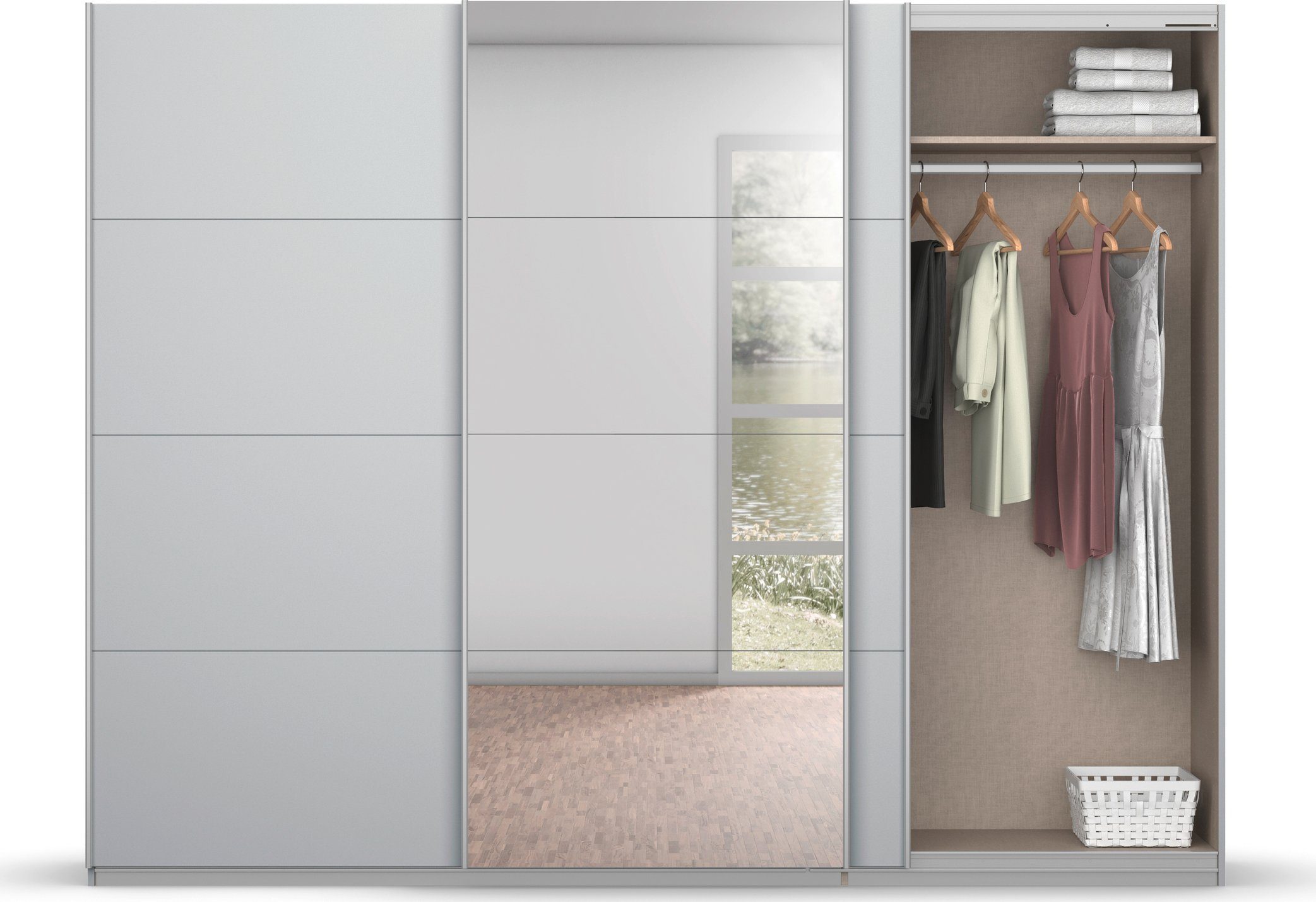 rauch Zweefdeurkast Kledingkast kast garderobe BESTSELLER KOLUNA met spiegel inclusief 2 binnenladen en extra legplanken made in germany