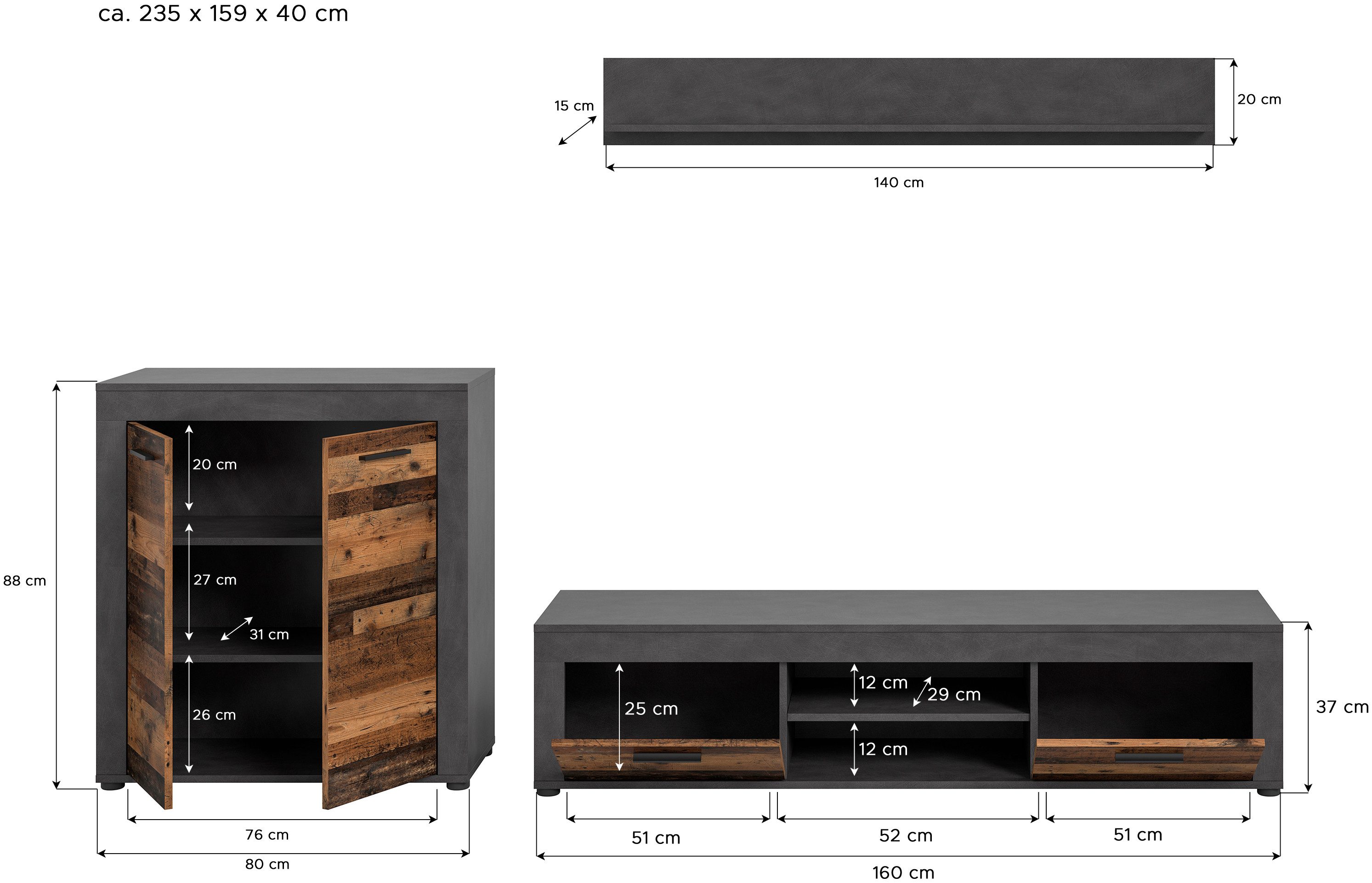INOSIGN Wandmeubel Aosta, Breedte 255cm, bestaand uit Highboard, Lowboard, Wandplank Woonwand, combinatie, opbouwwand, meubelset, kastwand, meubelcombi (3-delig)