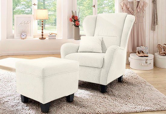 Home affaire Oorfauteuil Oliver Oorstoel, met poef, sierkussens, klassieke vorm (2 stuks)