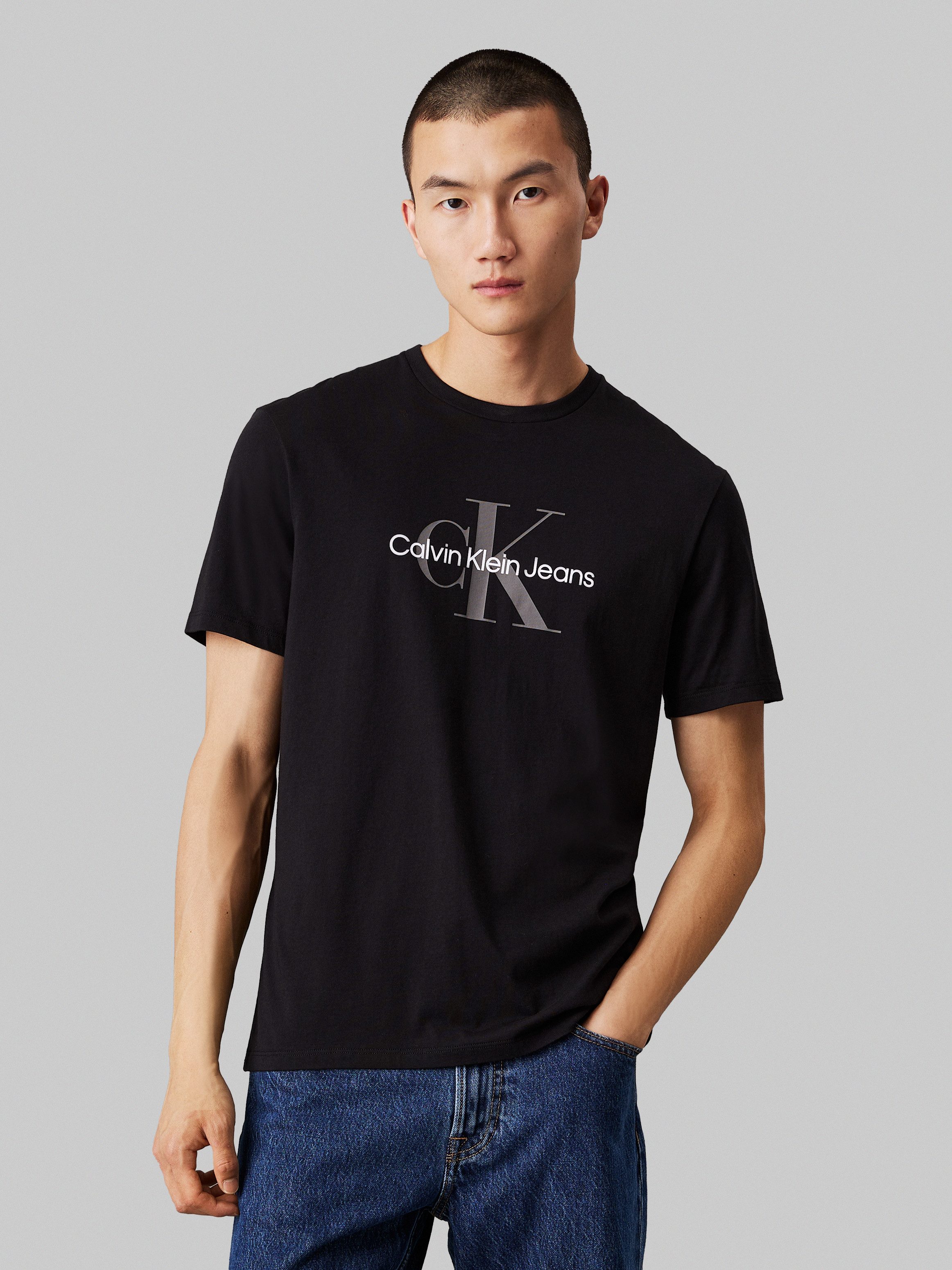 Calvin Klein Jeans Zwart Bedrukt Katoenen T-Shirt met Ronde Hals Black Heren