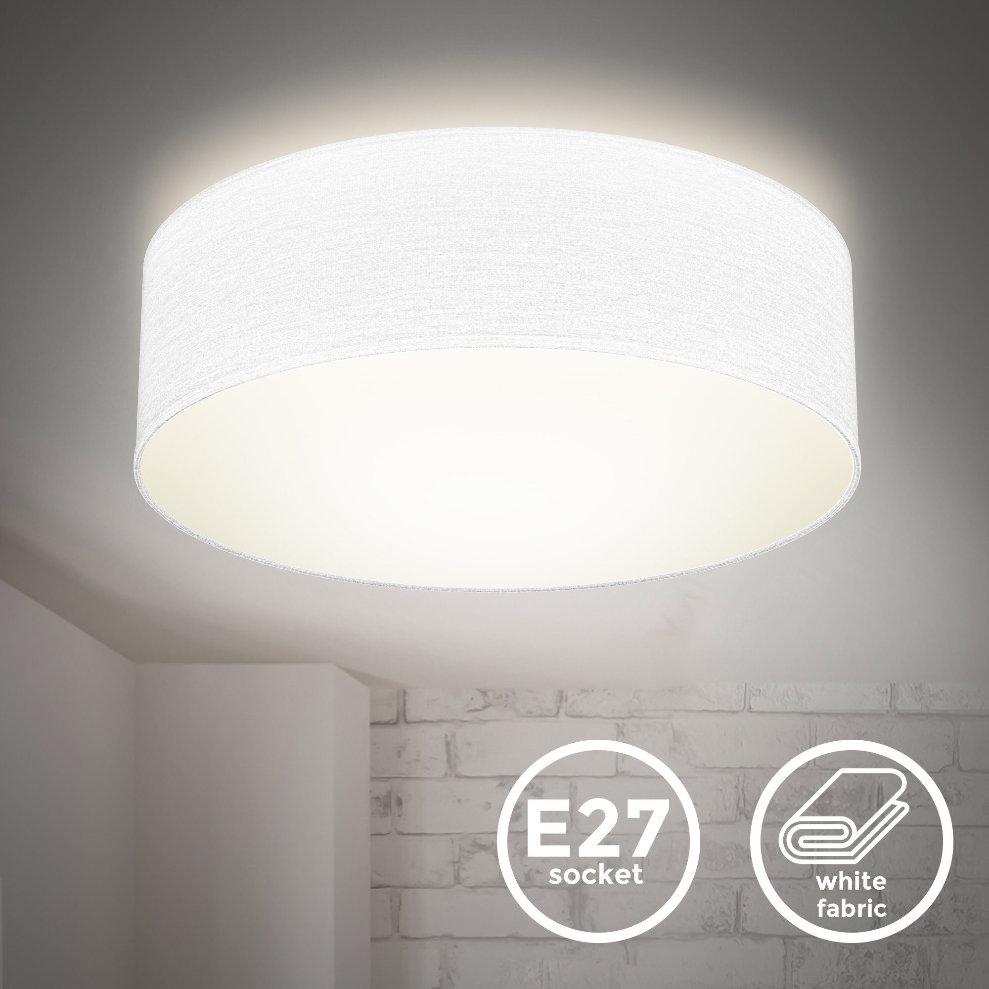 B.K.Licht Plafondlamp Plafondlamp, textielschaal, woonkamer, slaapkamer, wit, E27