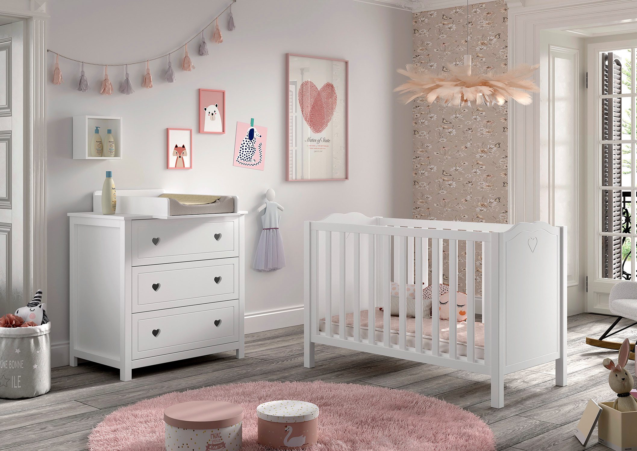 Vipack Complete babykamerset Amori 3-delig met hartornamenten, MDF/massief wit gelakt (3-delig)