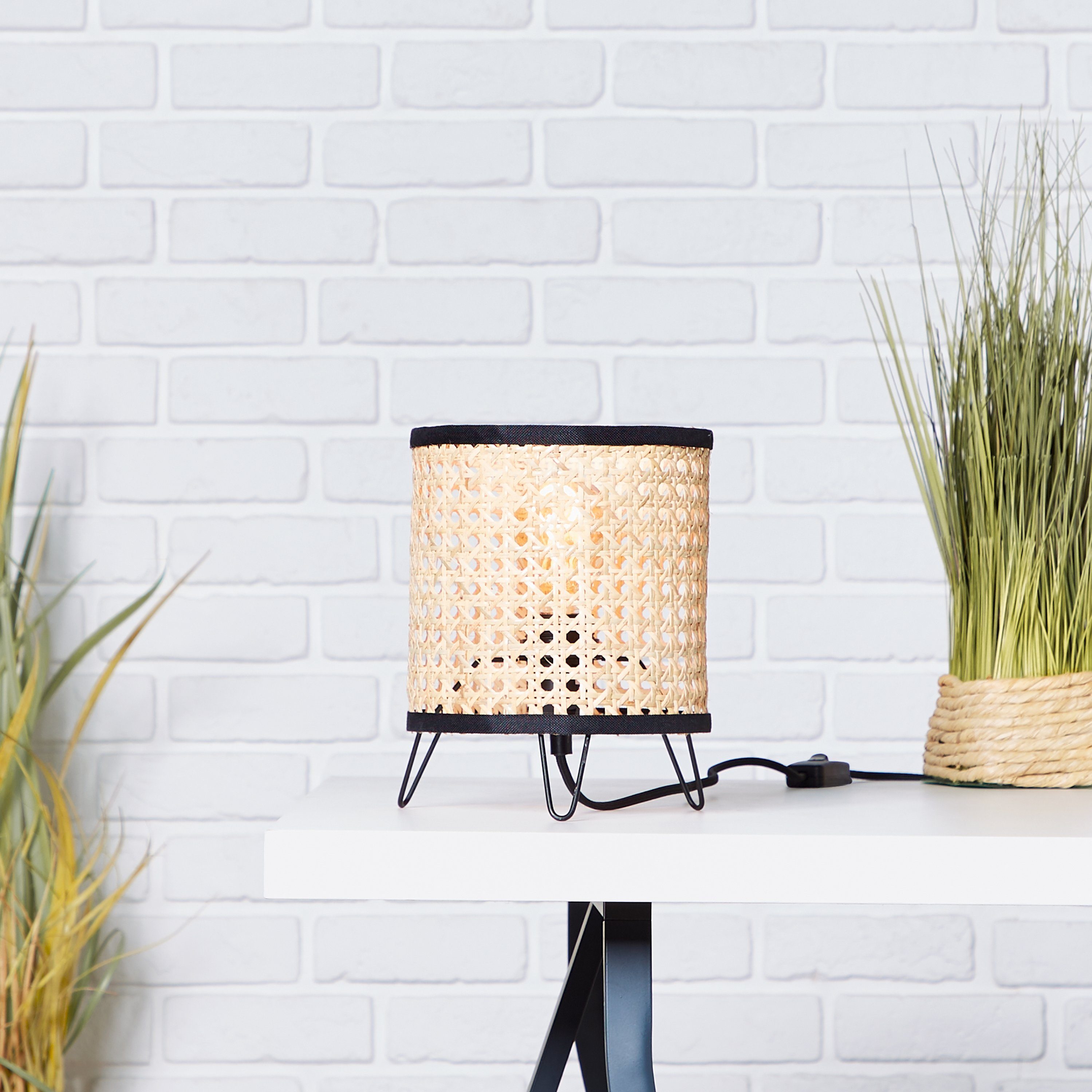 Brilliant Leuchten Tafellamp WILEY 21 cm hoogte, ø 17,5 cm, e27, metaal/rotan, hout licht/zwart (1 stuk)