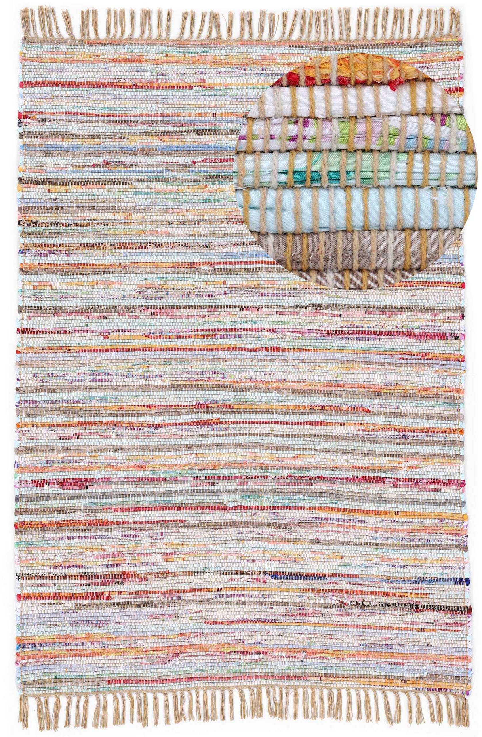carpetfine Vloerkleed Kelim Chindi, omkeerbaar tapijt handgeweven, patchwork tapijt met franjes, ook verkrijgbaar in loperformaten