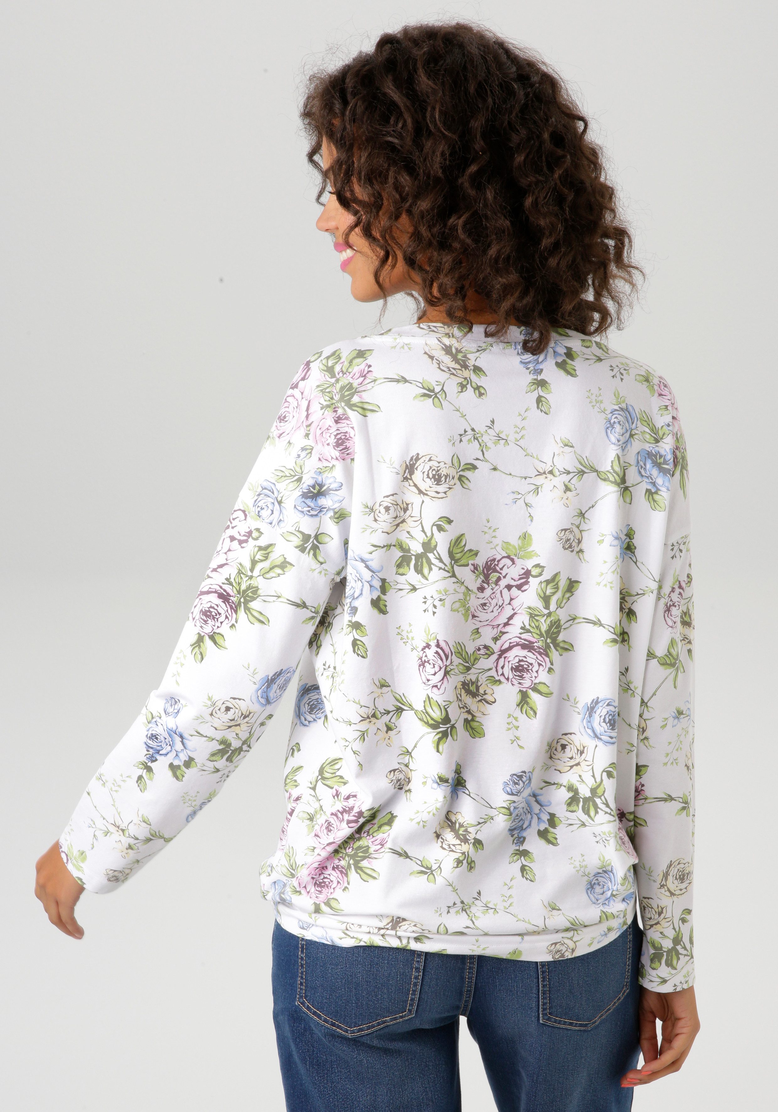 Aniston CASUAL Shirt met lange mouwen met zilverkleurige tekst versierde rozenprint - nieuwe collectie