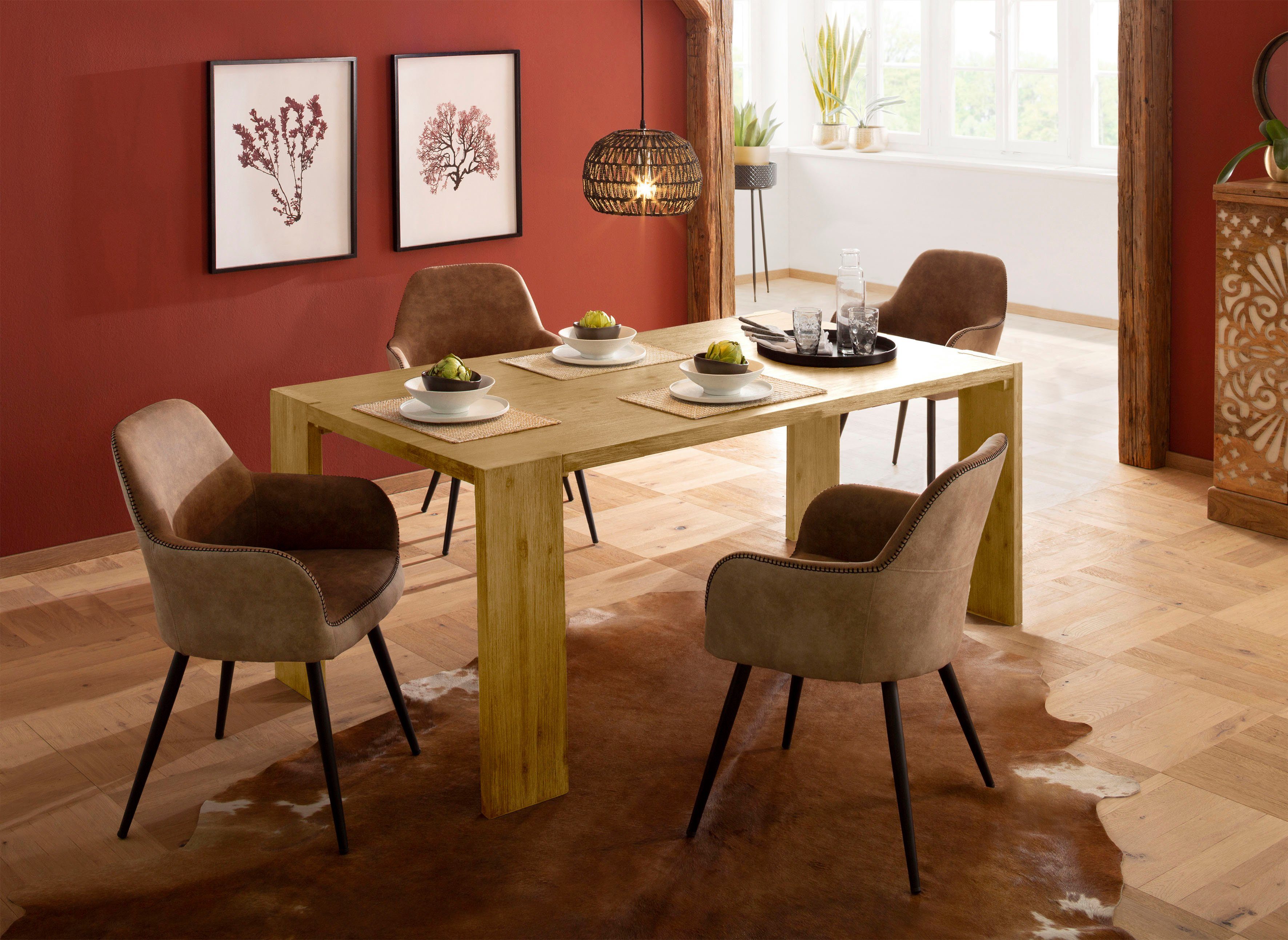 Home affaire Eettafel Marbella van massief acaciahout, in verschillende tafelgrootten eettafels maat 180 cm x 75 cm x 90 cm beige