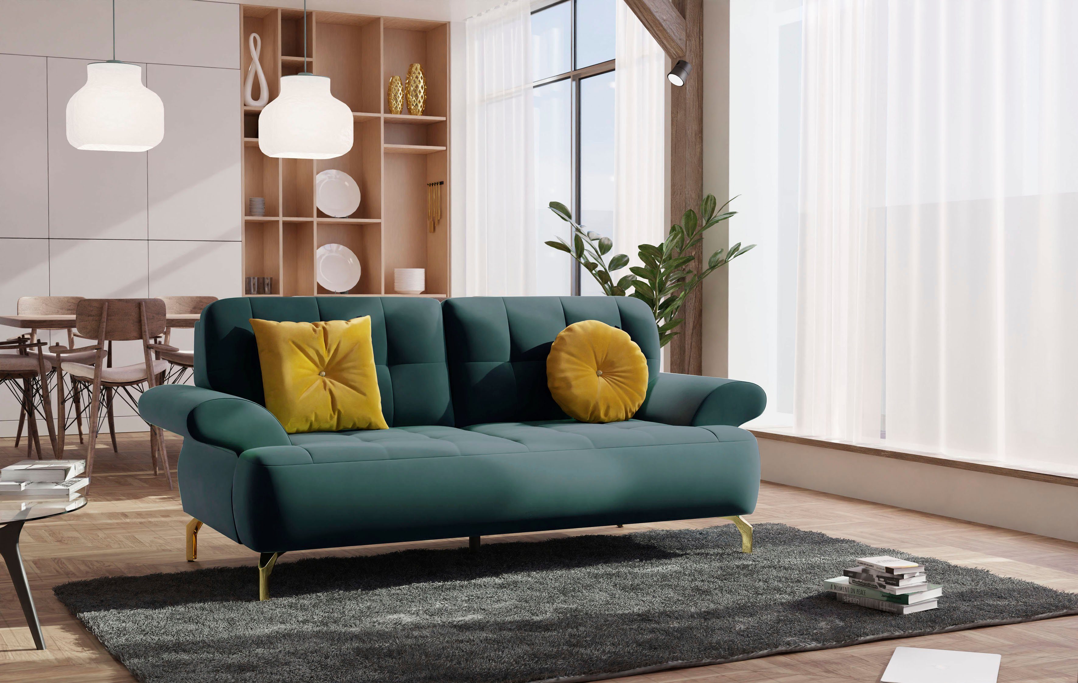 sit&more 2-zitsbank Orient 1 incl. 2 sierkussens met strassteentjes, goudkleurige metalen poten groen, 2-zitsbanken