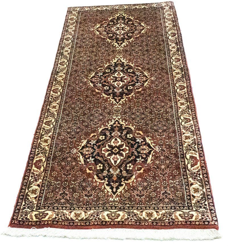 morgenland Hoogpolige loper Bidjar geometrisch marone 190 x 72 cm Uniek exemplaar met certificaat