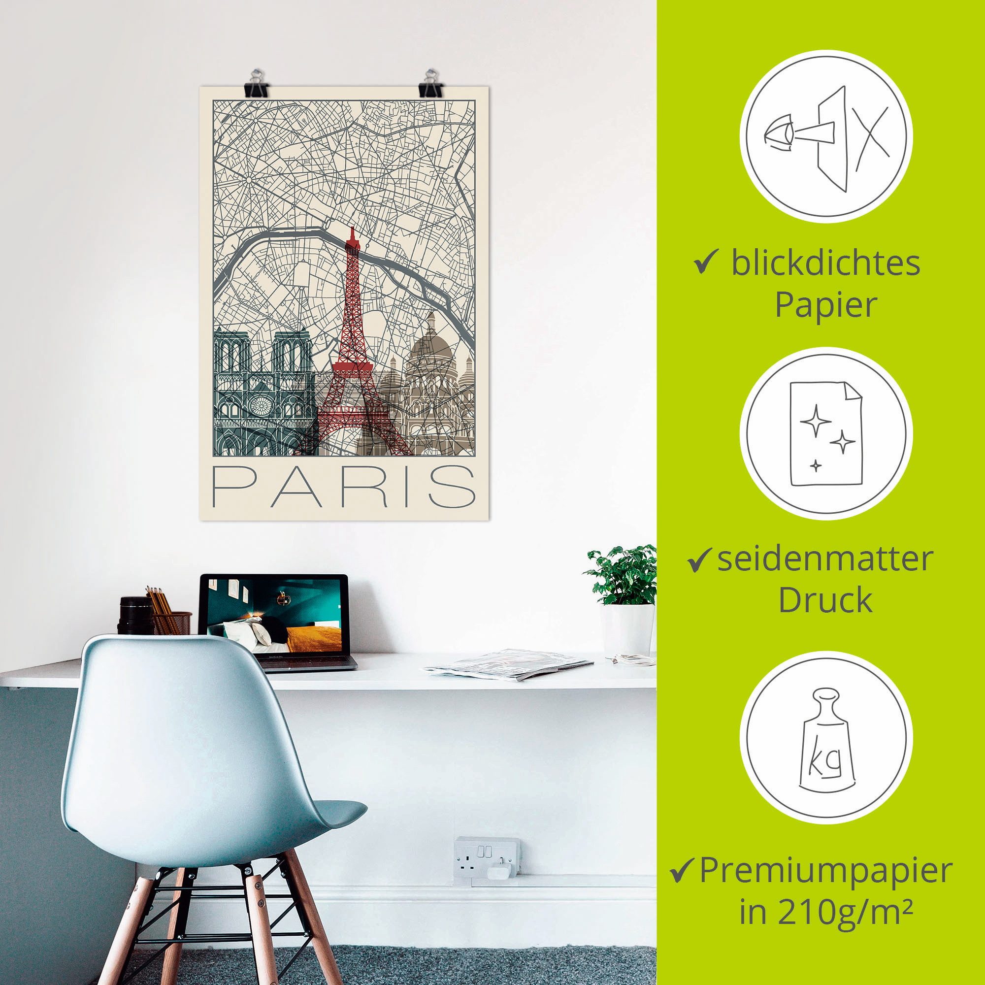 Artland Artprint Retro kaart Parijs Frankrijk en skyline als artprint van aluminium, artprint voor buiten, poster in diverse formaten