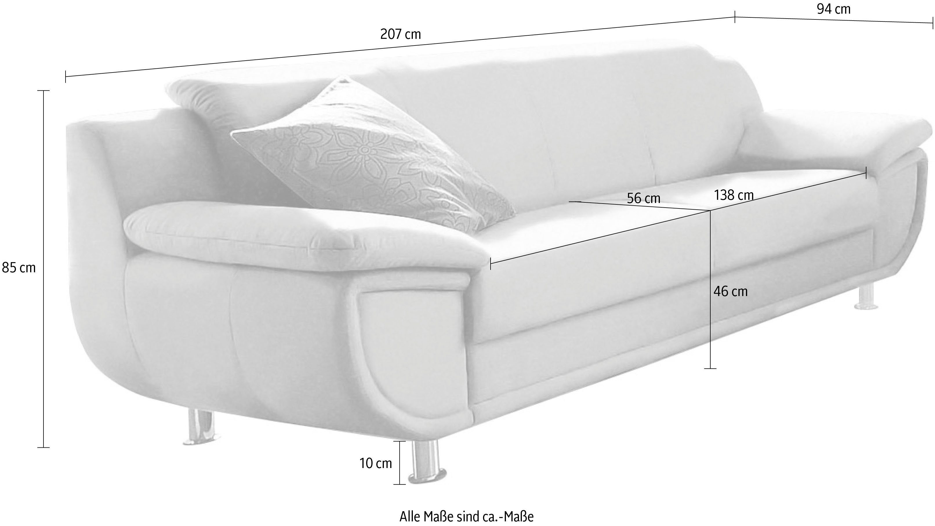 TRENDMANUFAKTUR 3-zitsbank Rondo, breedte 207 cm, brede armleuningen, chromen poten Big-sofa optioneel met bonnellvering, in verschillende bekledingen bestelbaar