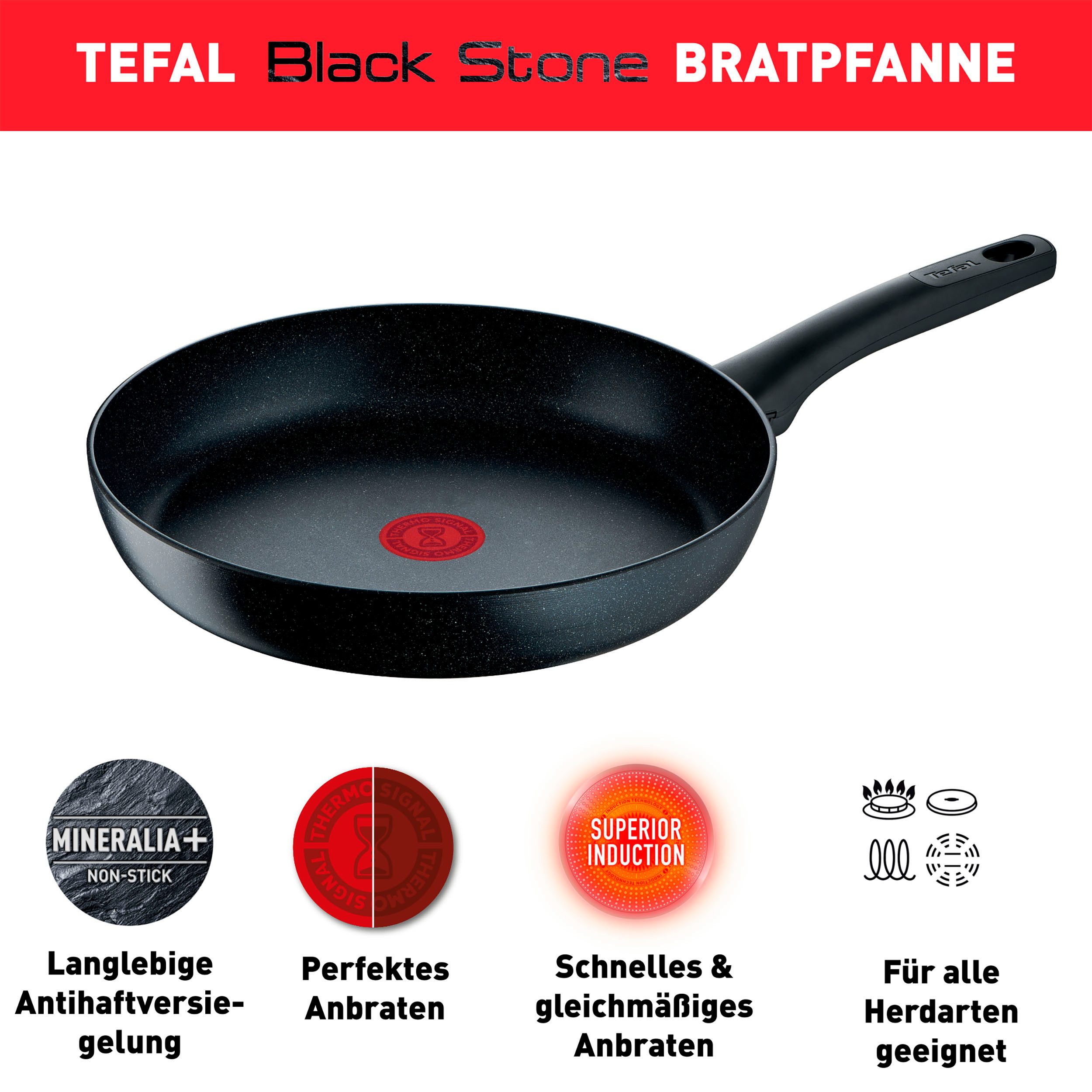 Tefal Koekenpan G28102 Black Stone Ø 20 cm Mineralia+ anti-aanbakverzegeling, thermo-signaal, inductiegeschikt