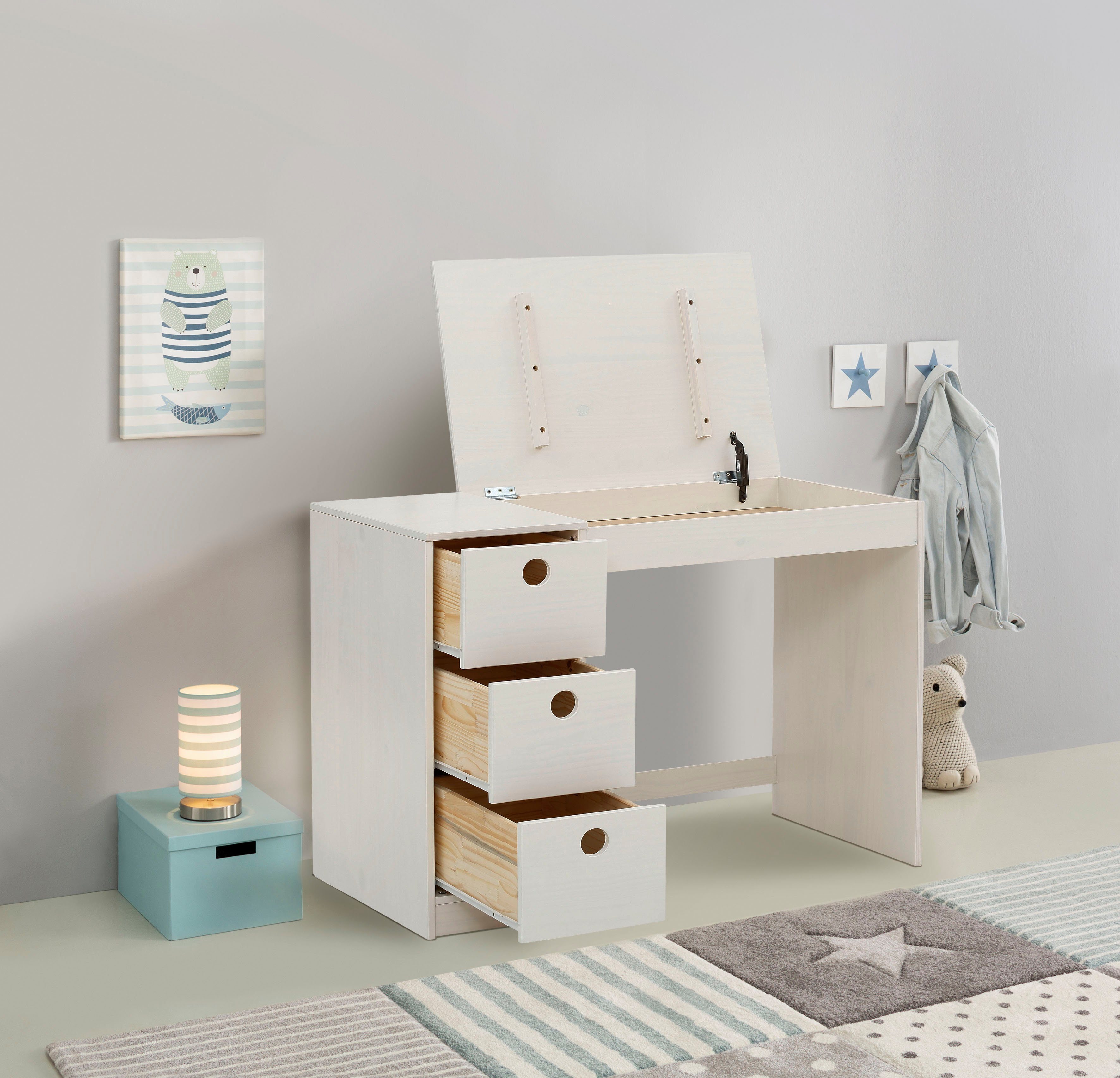 Lüttenhütt Kinderbureau Alpi Grenenhout, wangenonderstel, met 3 laden, tafelbreedte 100 cm
