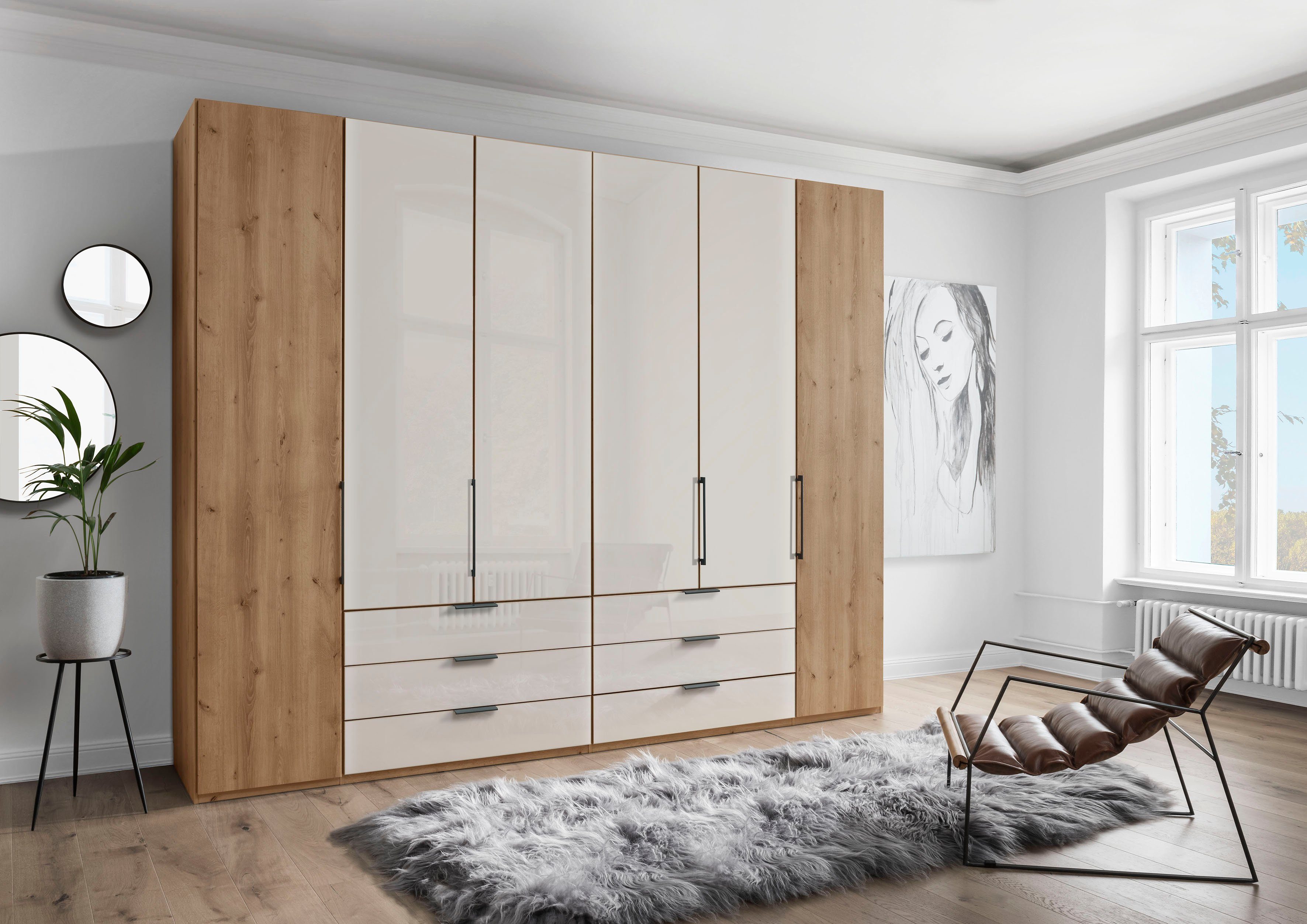 WIEMANN Draaideurkast Monaco met deels glazen front en hoogwaardig beslag inclusief demping kledingkasten maat 295,3 cm x 216 cm x 58 cm beige