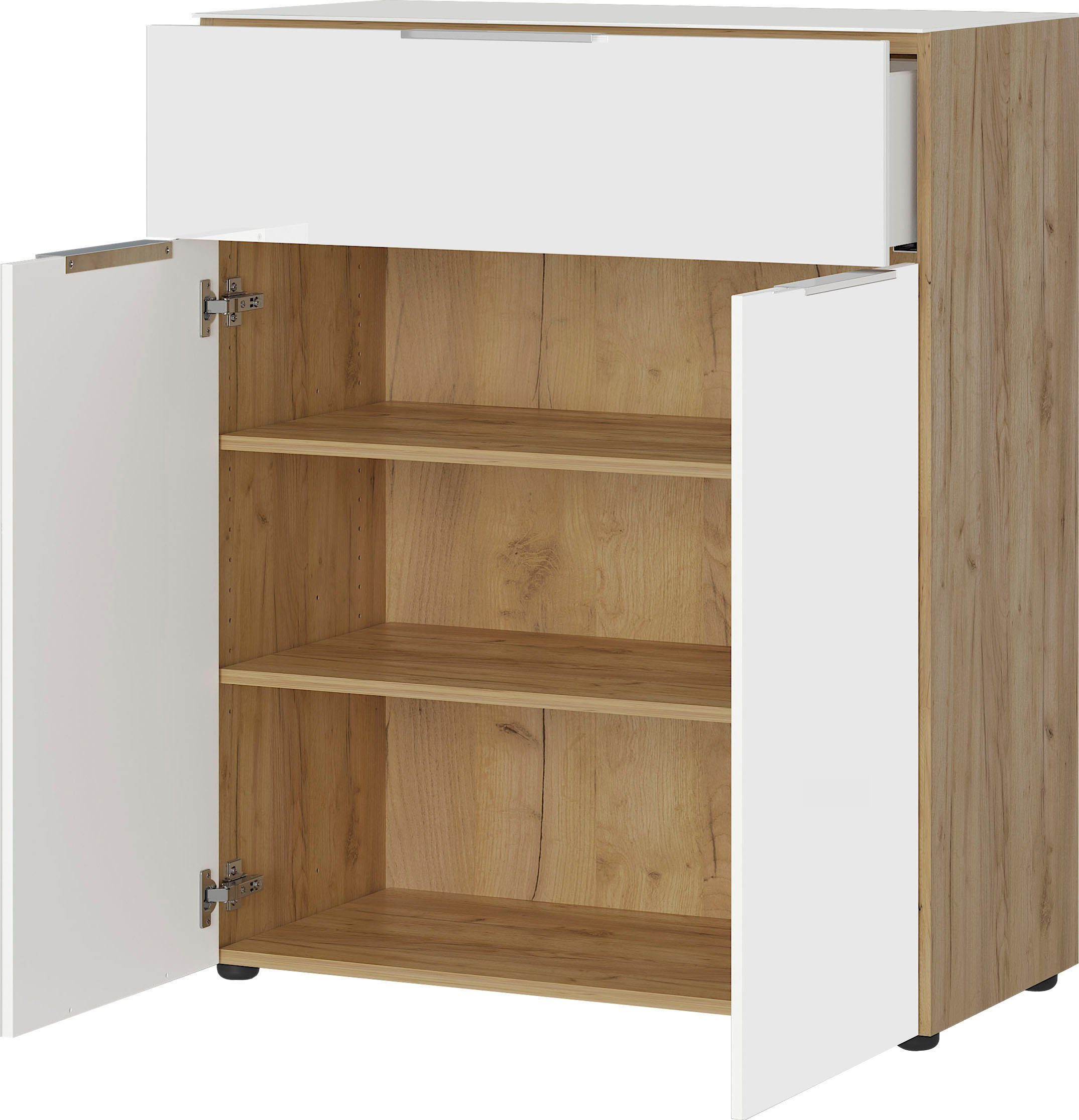GERMANIA Kast met laden en deuren OAKLAND Breedte 83 cm , fronten en bovenblad met glas-inlay