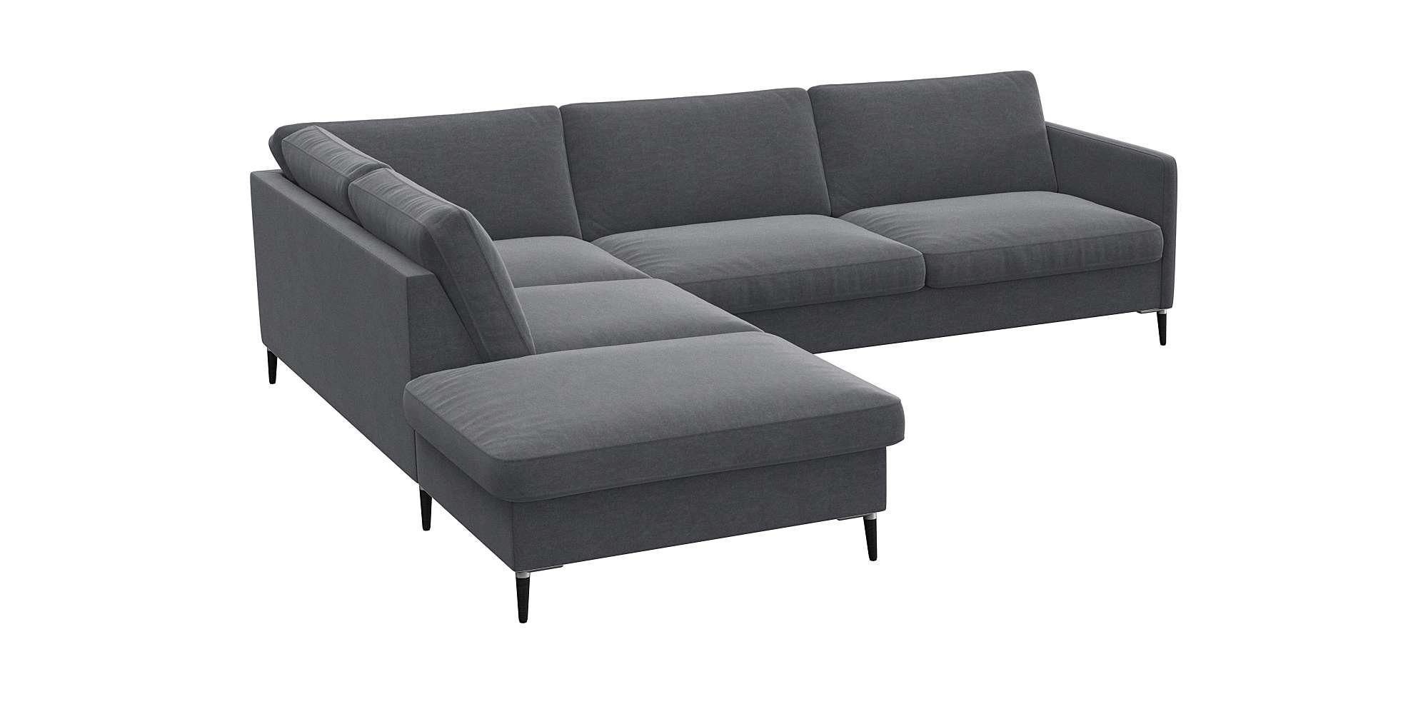 FLEXLUX Hoekbank Fiore, L-vorm smalle armleuningen, koudschuim, poten aluminium + zwart