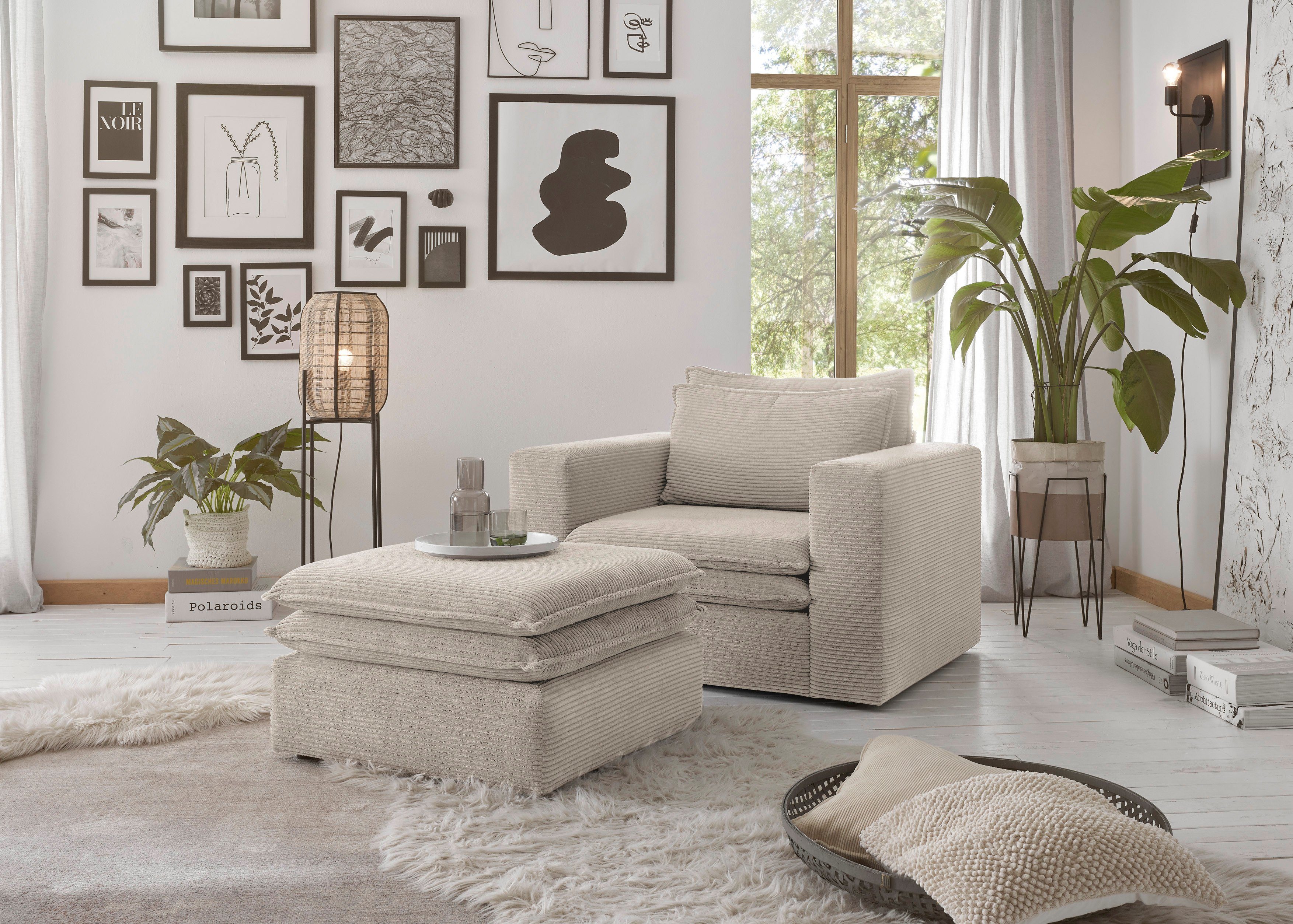 Places of Style Zithoek PIAGGE Hoogwaardige cord, fauteuil en hocker klein als set (2-delig)
