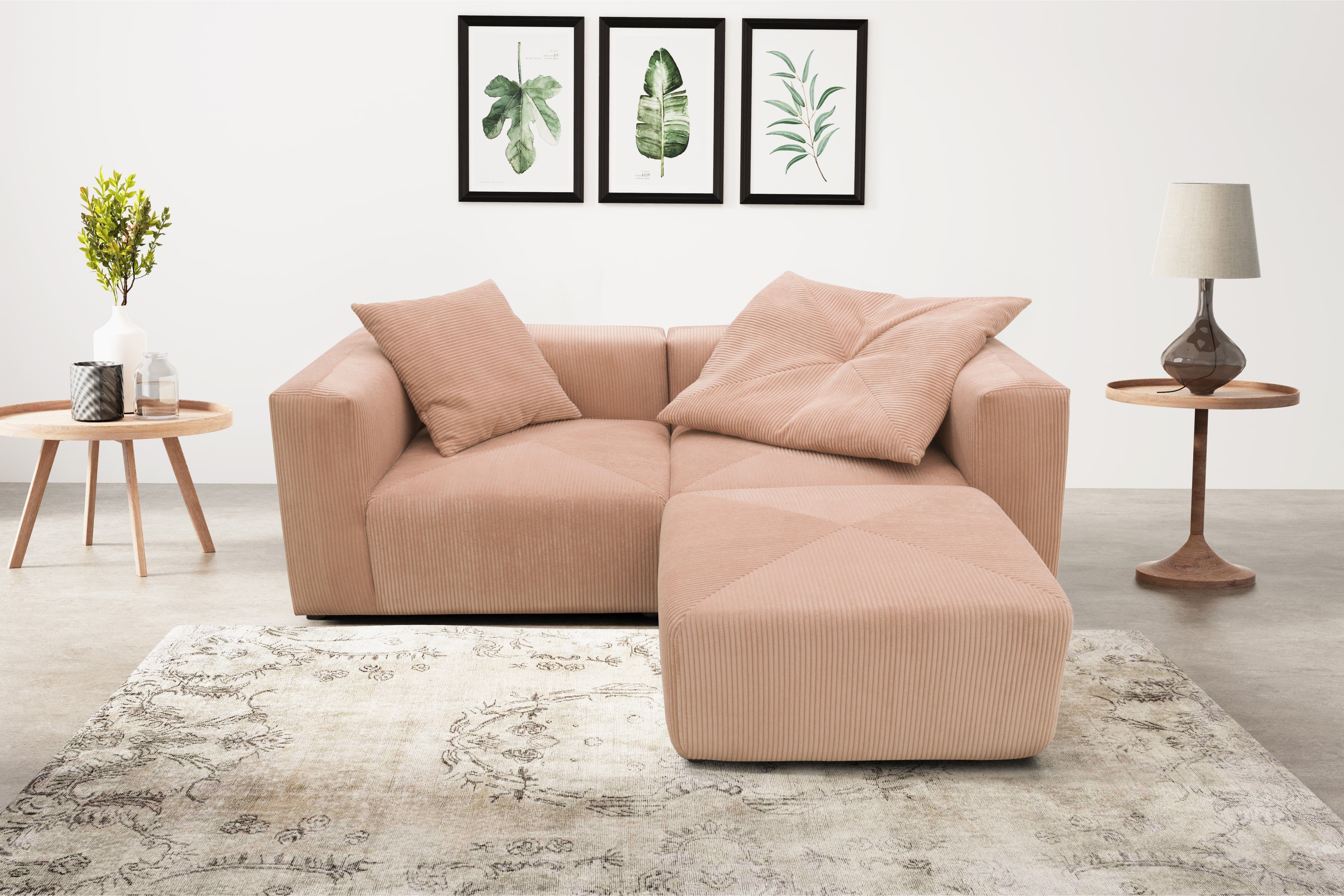 RAUM.ID Hoekbank Gerrid L-vorm Cord, modulaire bank, bestaand uit 2 hoekelementen + 1 hocker roze, hoekbanken