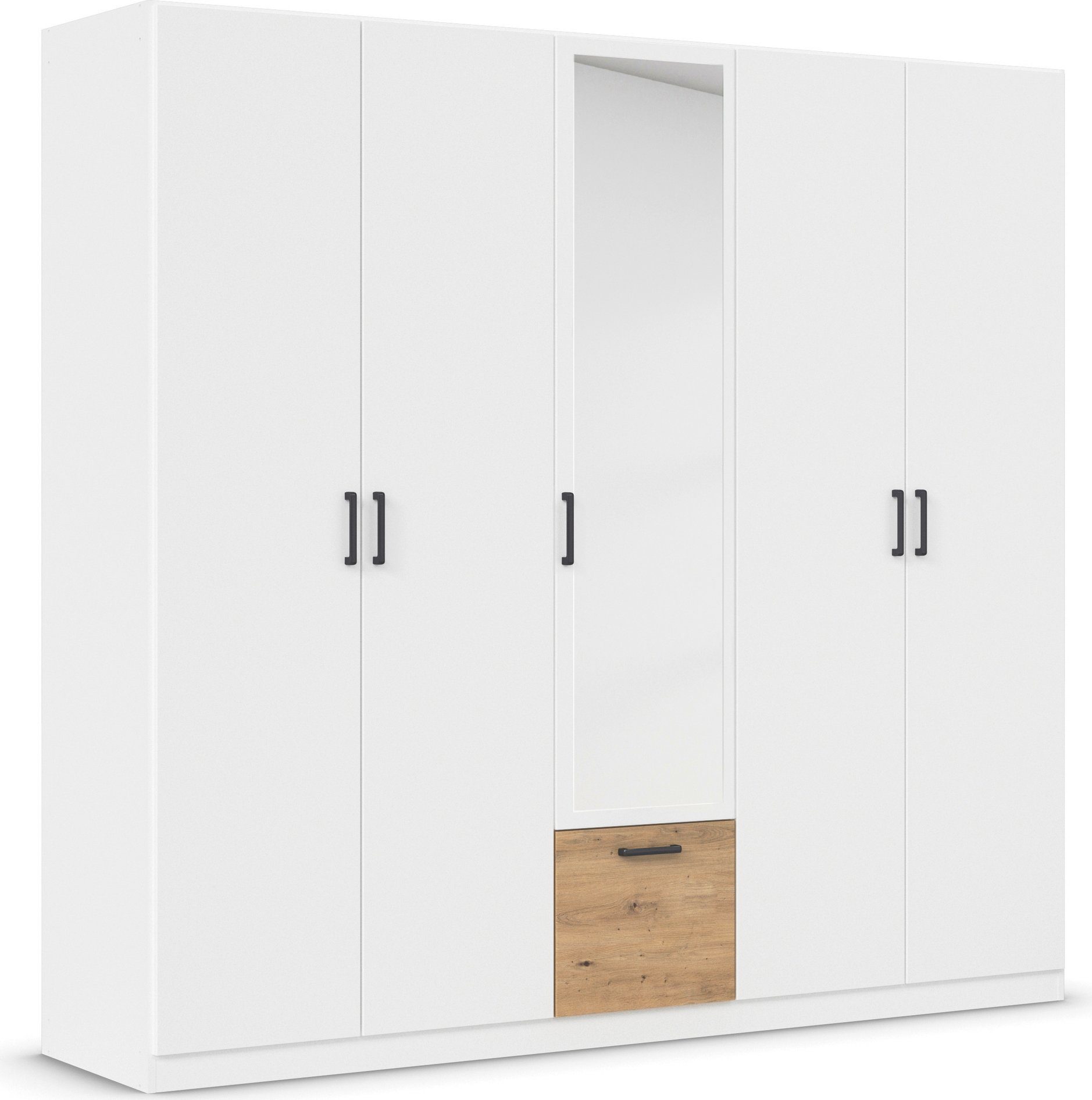 rauch Draaideurkast Kledingkast kast garderobe waskast BARI met spiegel met lades in het midden, moderne greep in grijs metallic made in germany