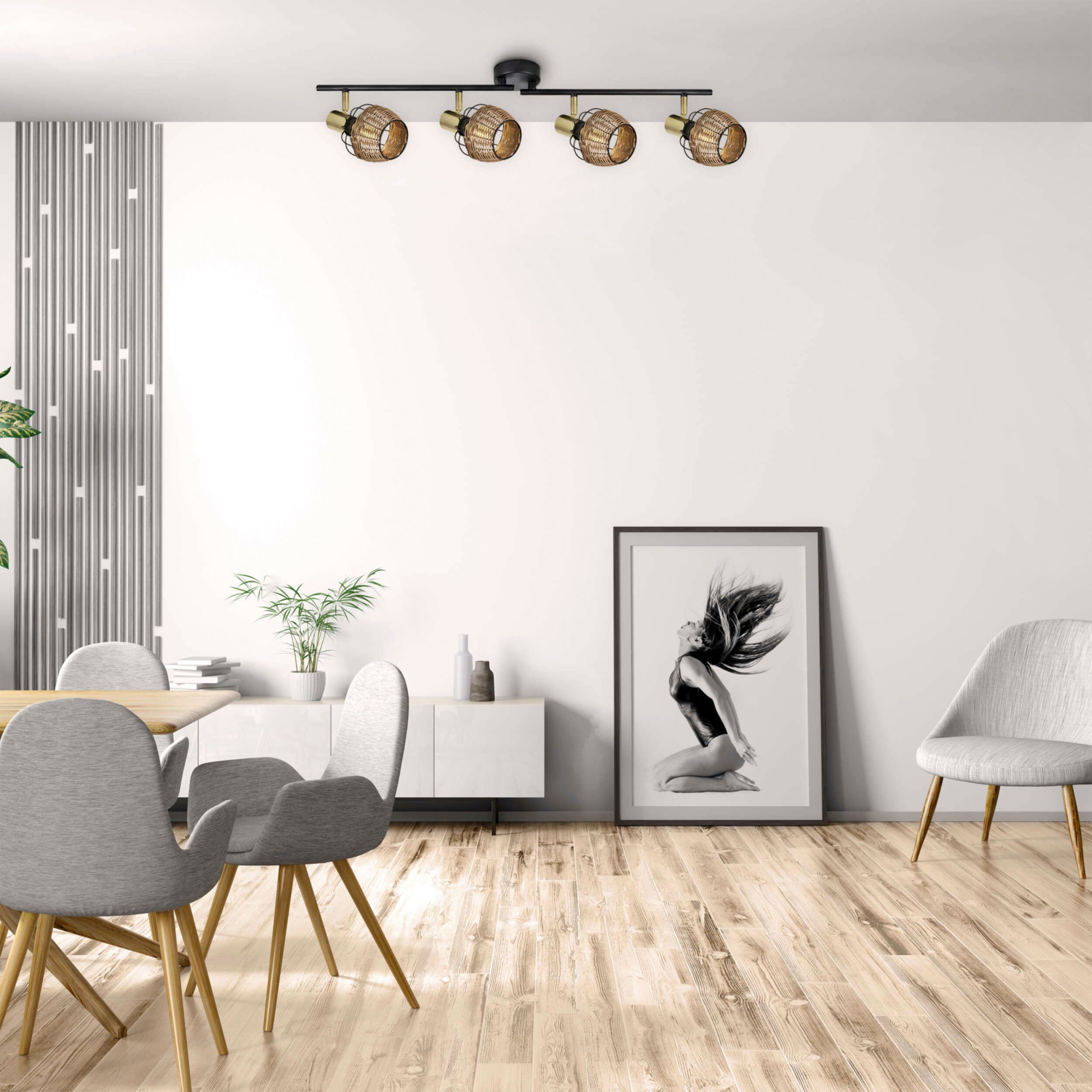 näve Plafondspotje Corbis 4 spots excl. e14 max. 40w zwart/natuur/goudkleur lengte 78 cm met rattan (1 stuk)