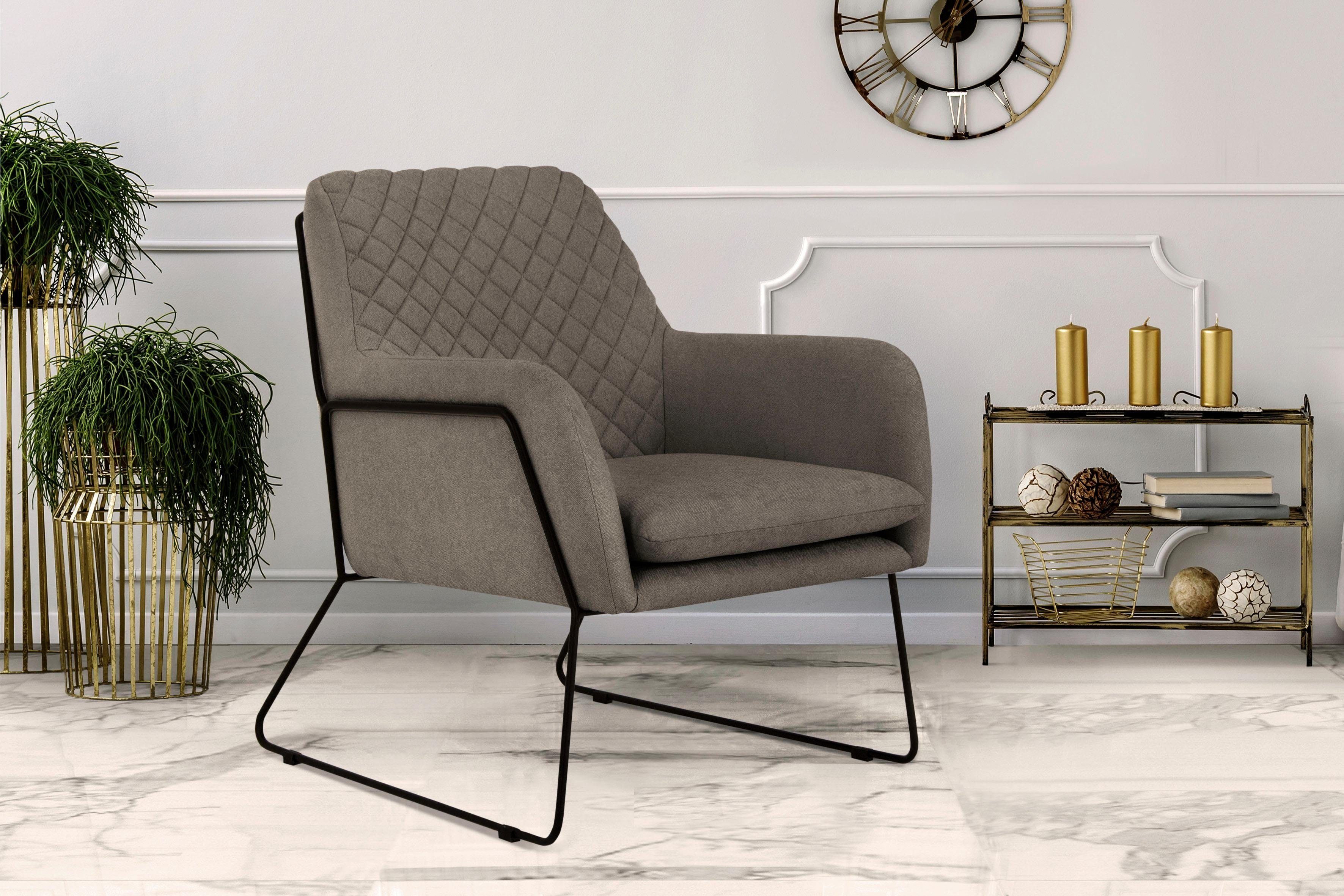 Leonique Fauteuil Olo cocktailsessel met ruit-stempeldruk in de rugleuning en beugelonderstel van metaal fauteuils grijs