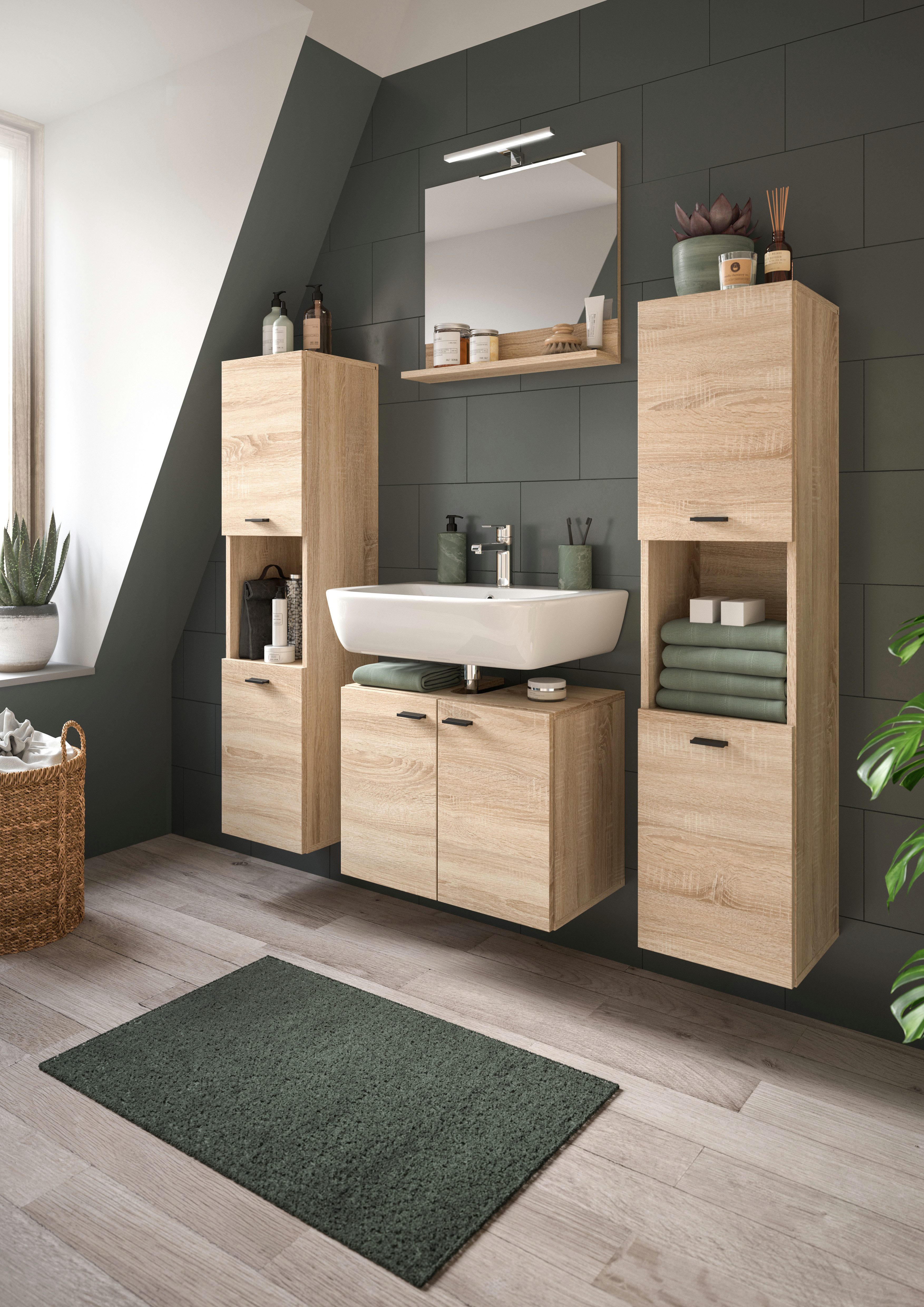 welltime Badmeubelset Tampa, breedte 137cm, 4-delig Wastafelonderkast, spiegel, hoge kast (4 stuks)